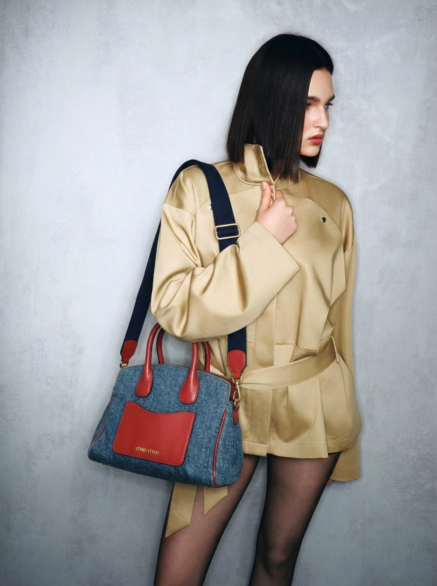 Miu Miu Blue Denim Biker Leather Handbag