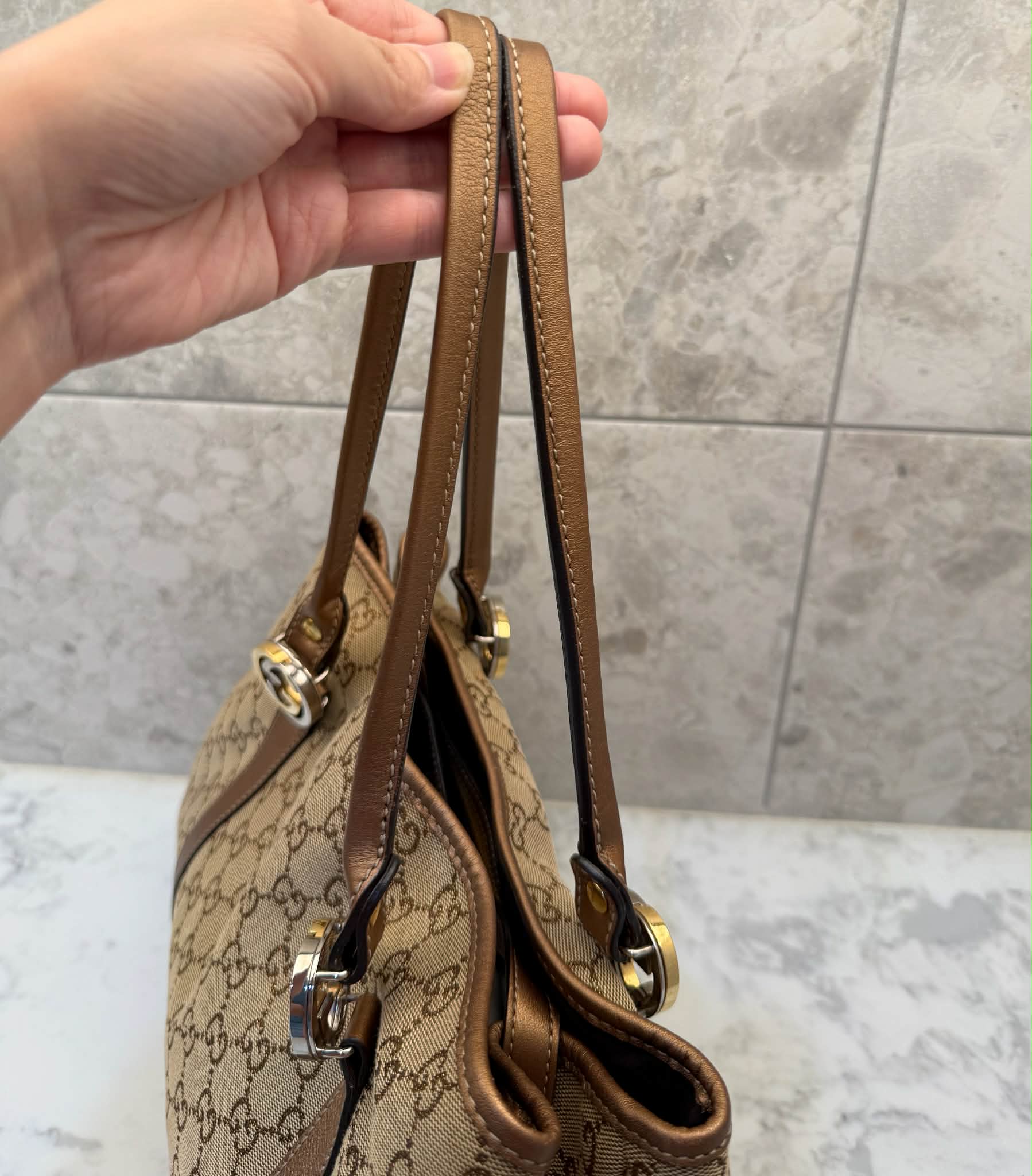 Gucci Beige/Bronze GG Canvas and Leather Large GG Twins Tote