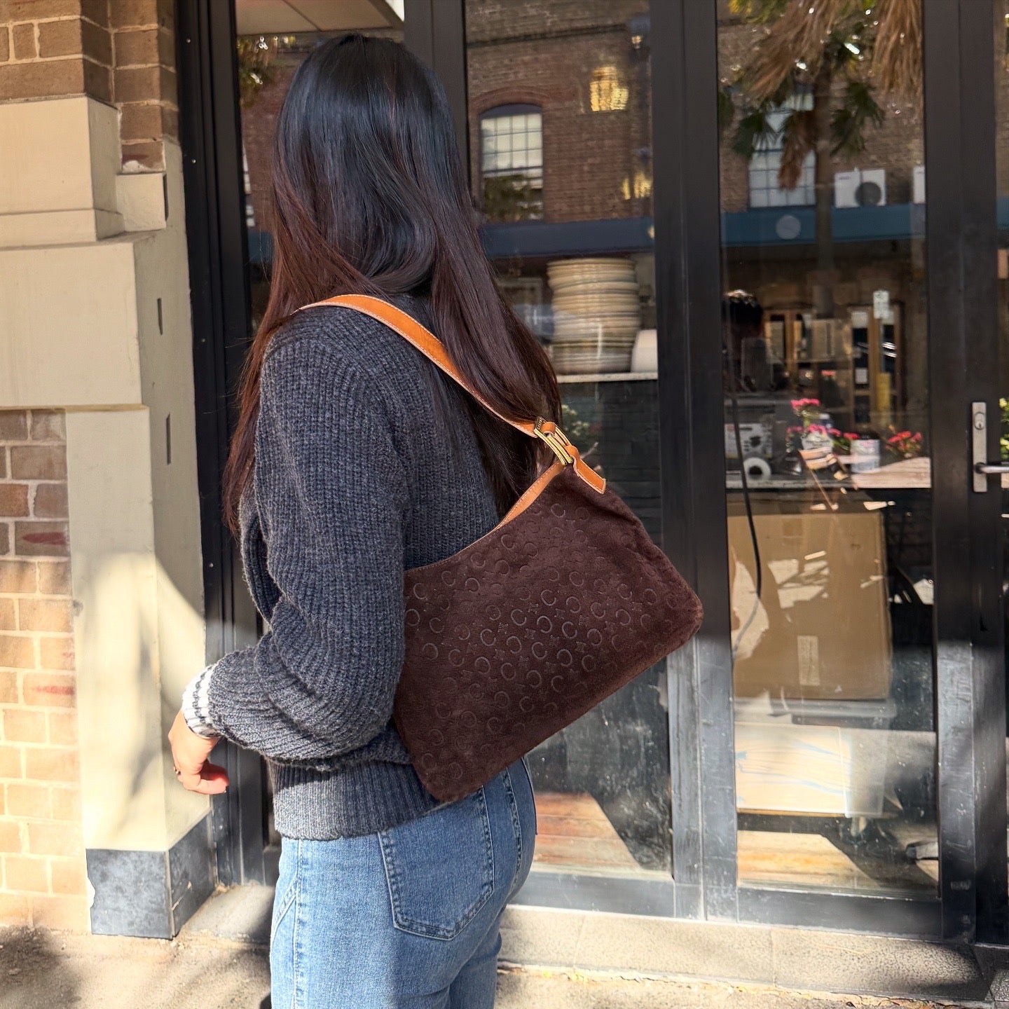 CELINE Brown Macadam Suede Shoulder Bag