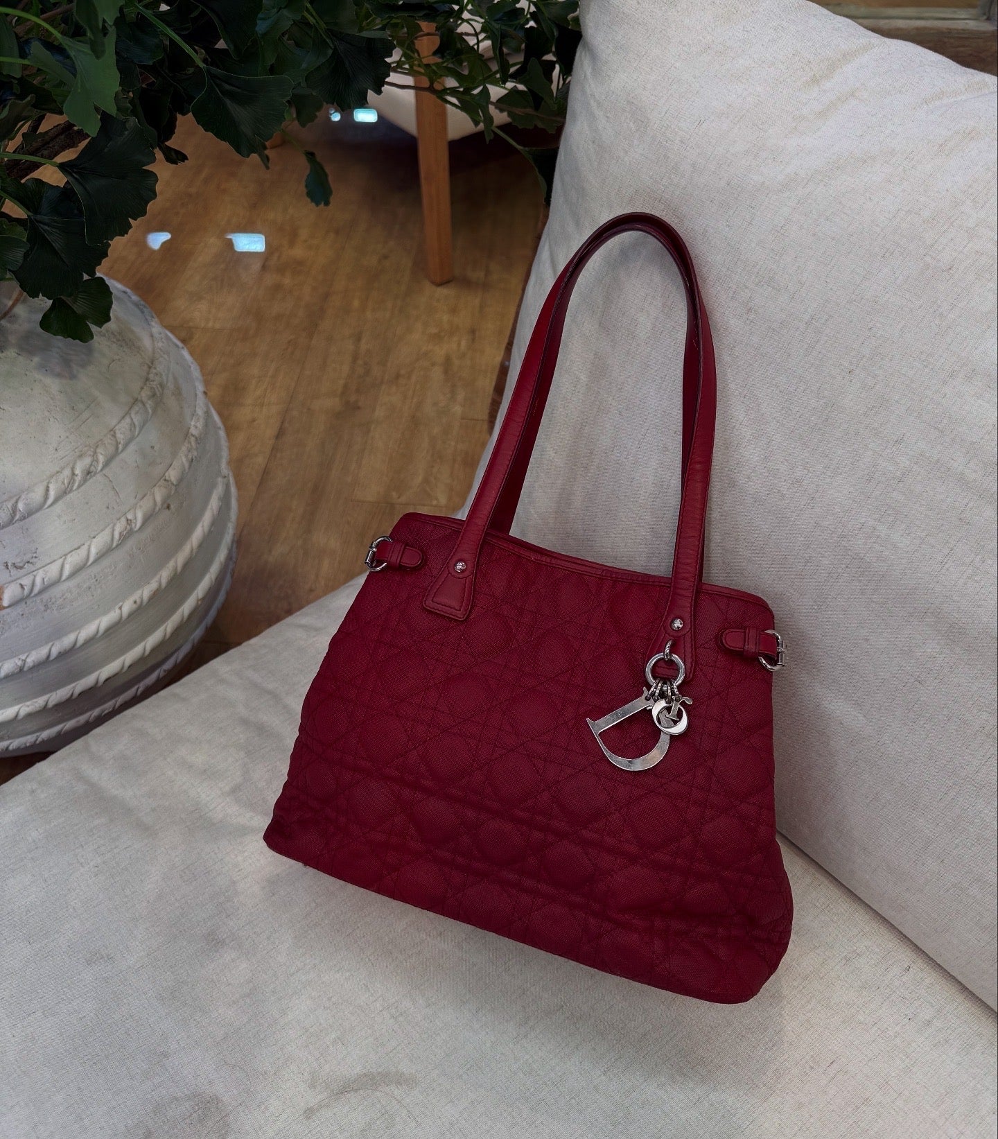 Christian Dior Red Coated Canvas and Leather Medium Panarea Shopper Tote