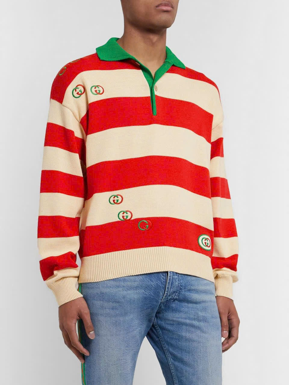 GUCCI Logo Embroidered Striped Cotton Half-Placket Sweater