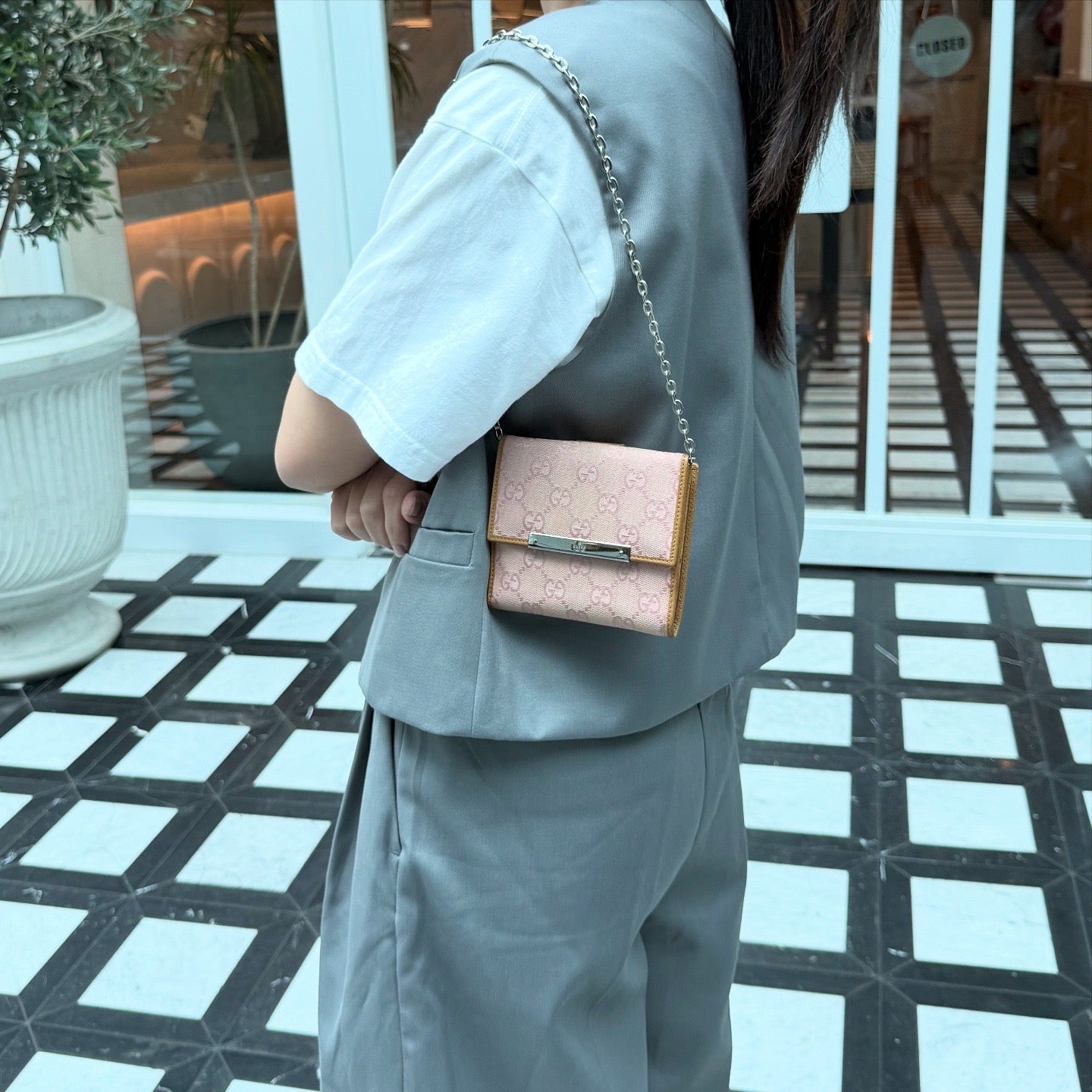 Gucci Monogram Metal Bar French Flap Wallet Pink