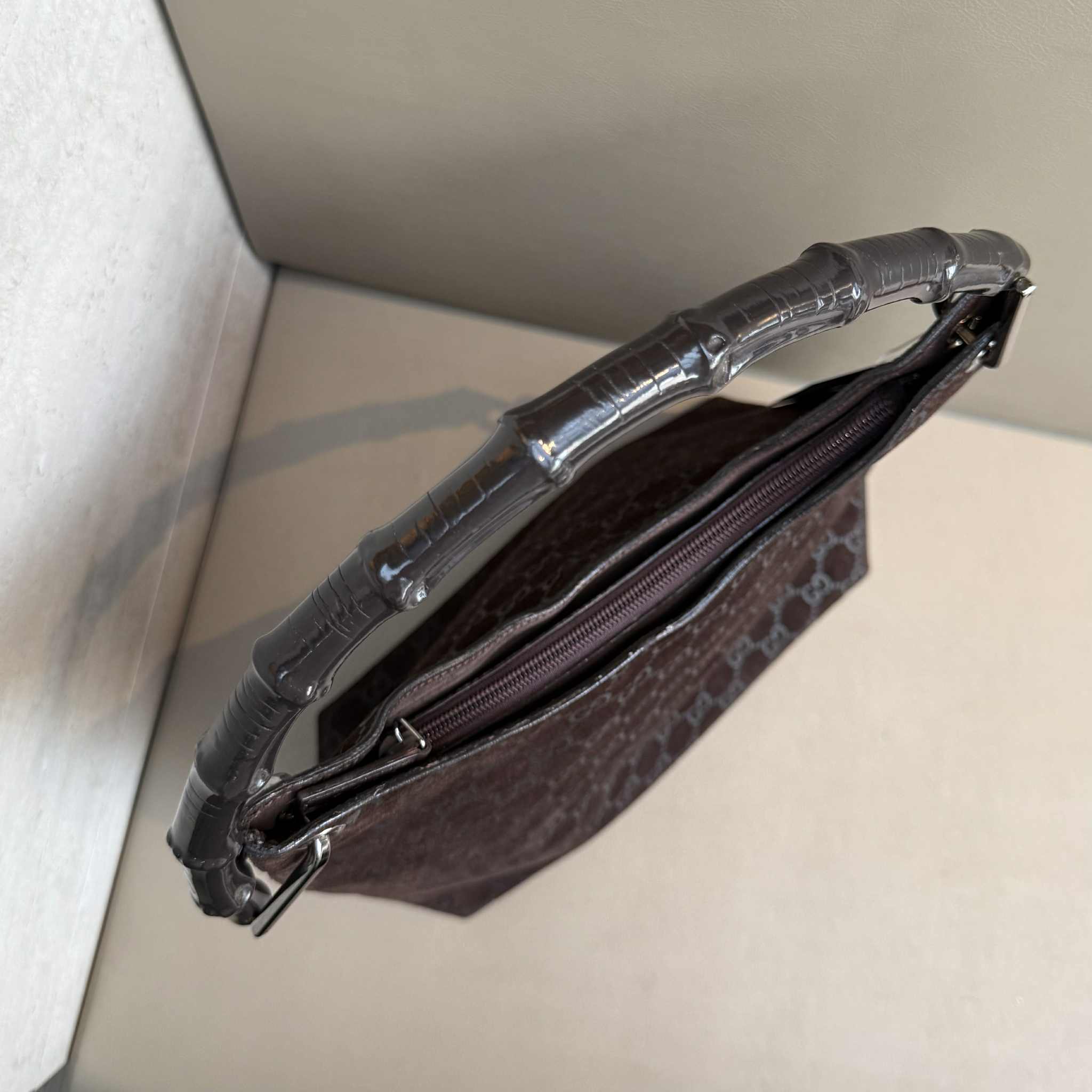 Gucci Dark Brown Bamboo Handle Suede HandBag