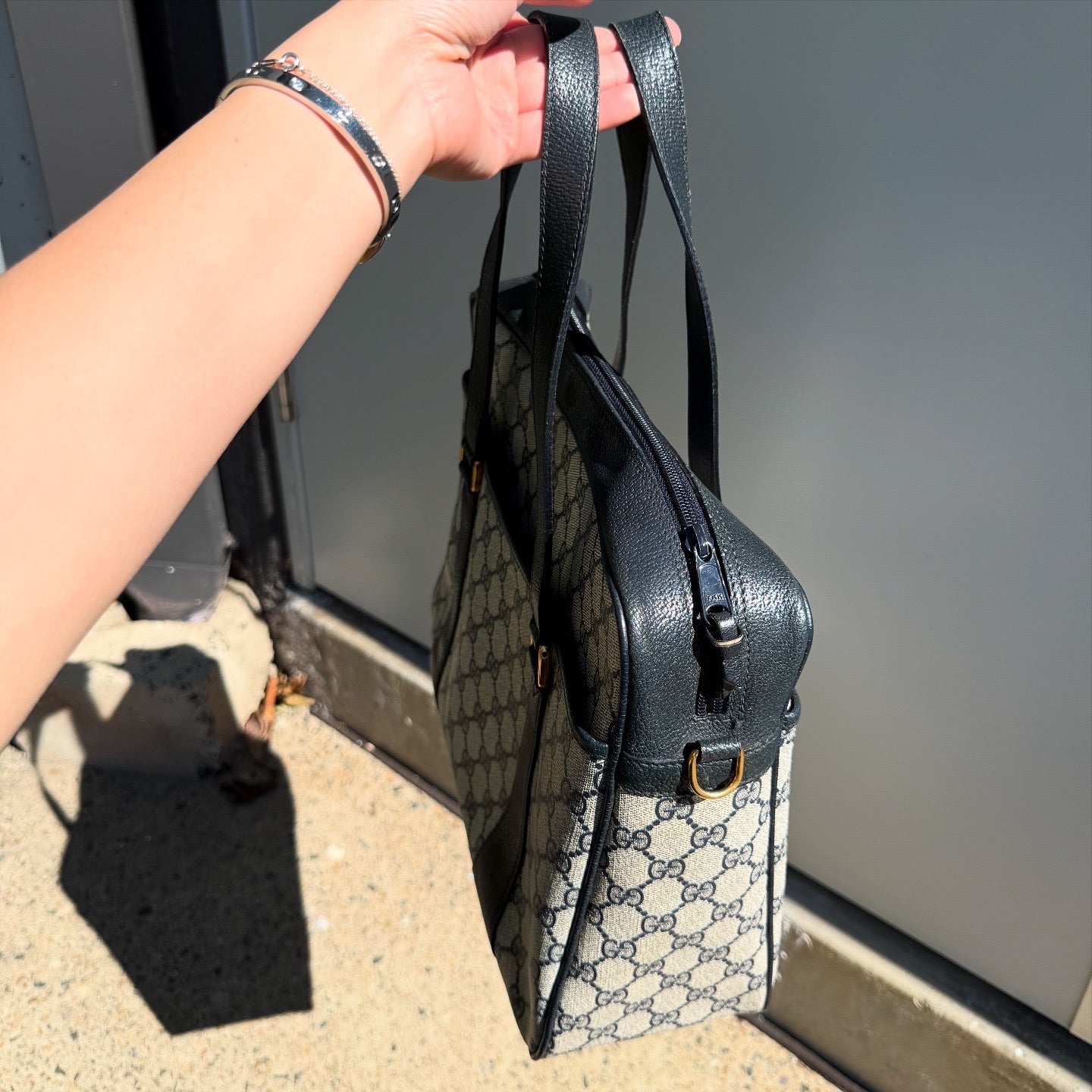 GUCCI GG Canvas Leather Sherry Line Satchel Bag