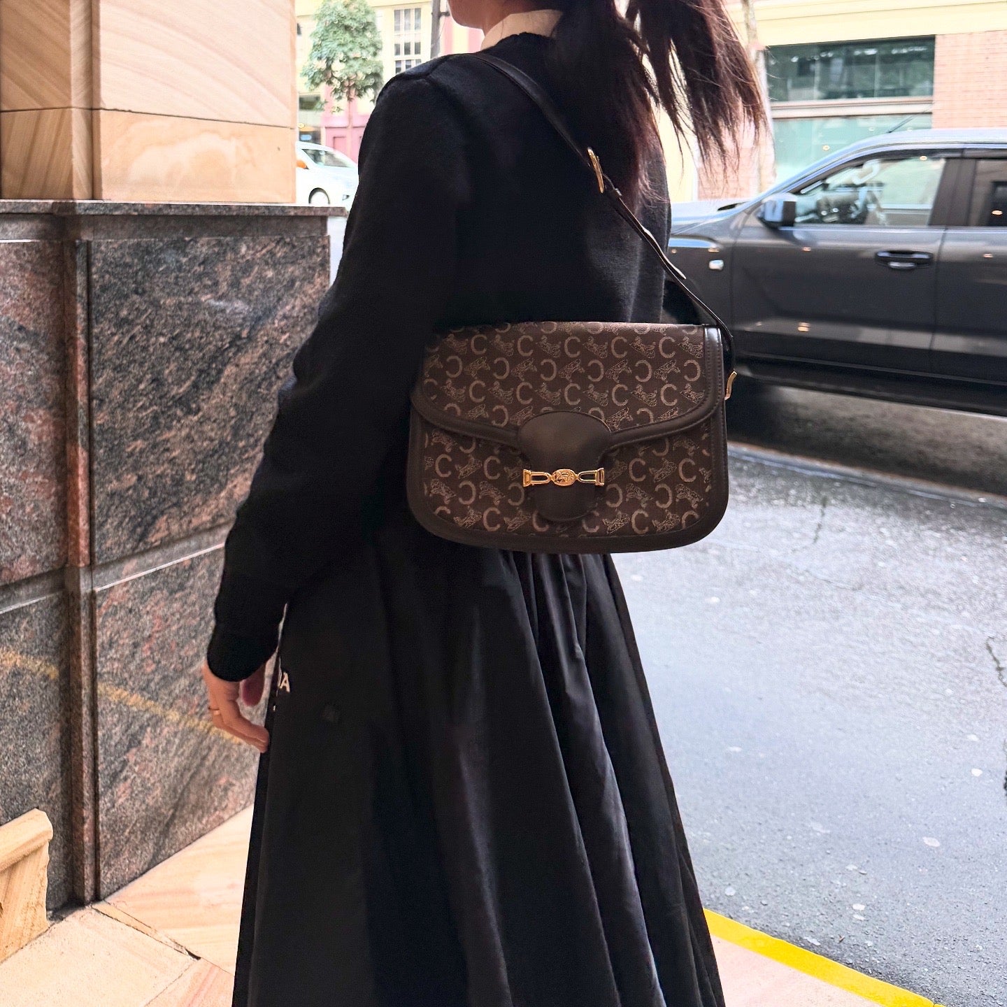 CELINE C Sulky Shoulder Bag Canvas Brown