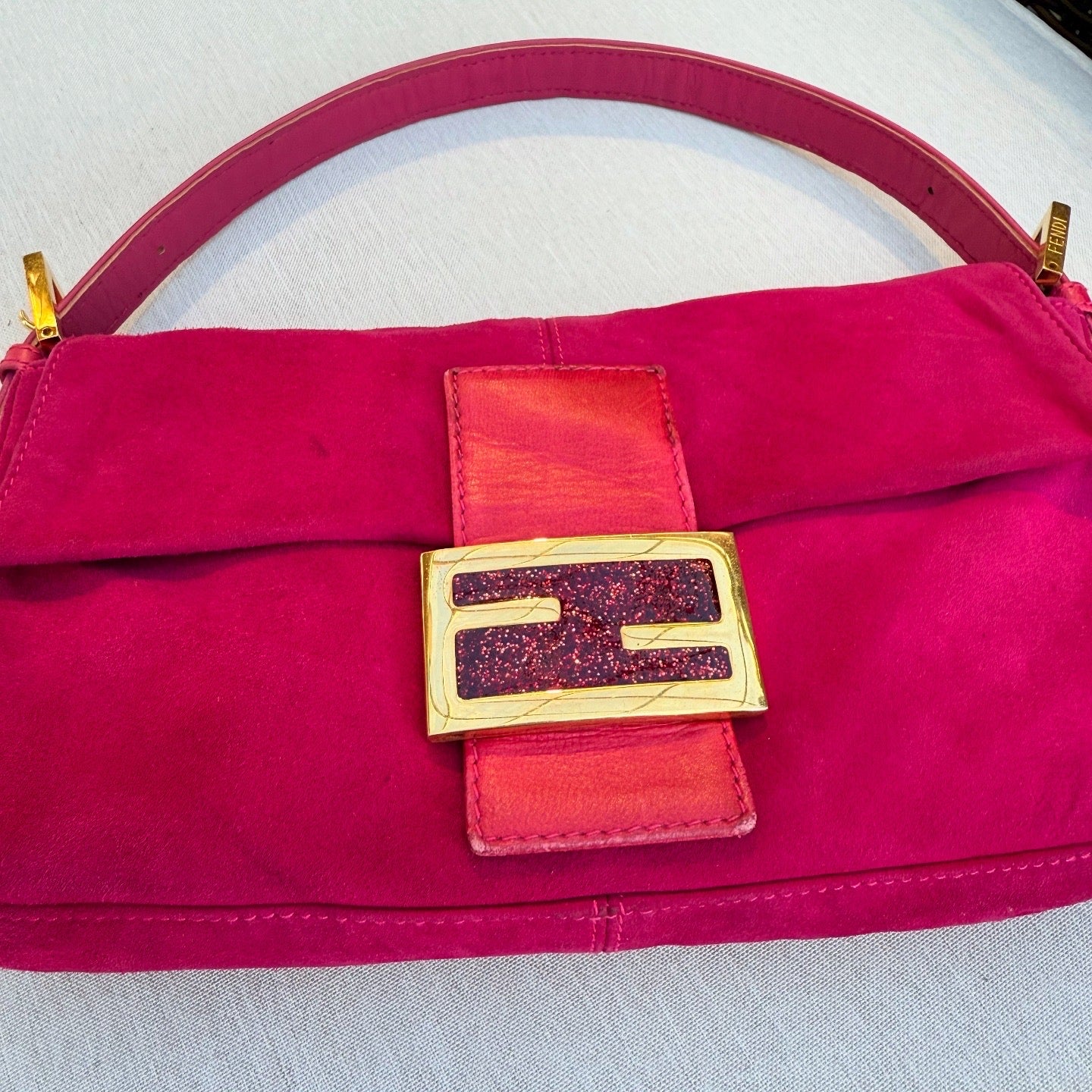 Fendi Suede Baguette Fuchsia Handbag