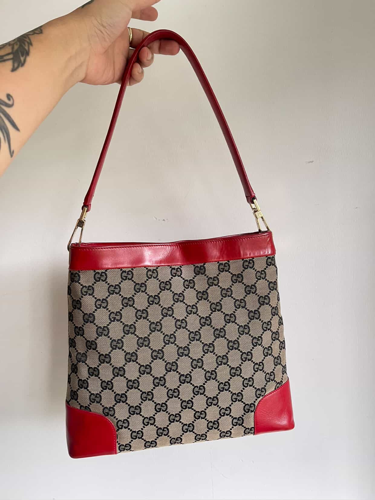 GUCCI GG Canvas One Shoulder Bag Red Leather