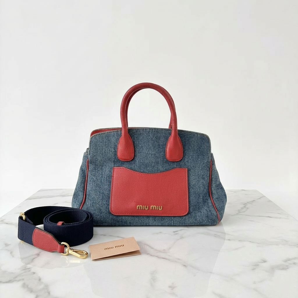 Miu Miu Blue Denim Biker Leather Handbag