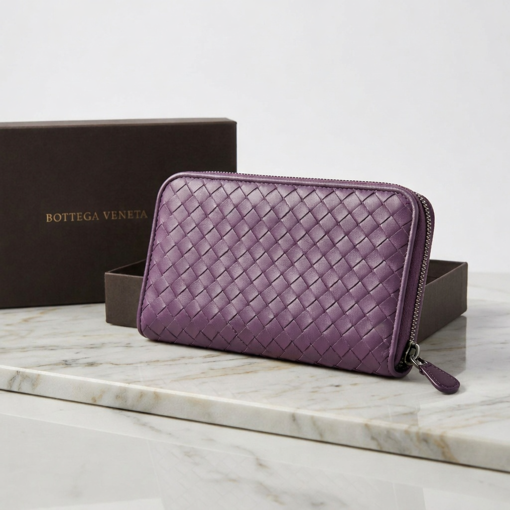 Bottega Veneta Nappa Intrecciato Zip Around Wallet Aubergine