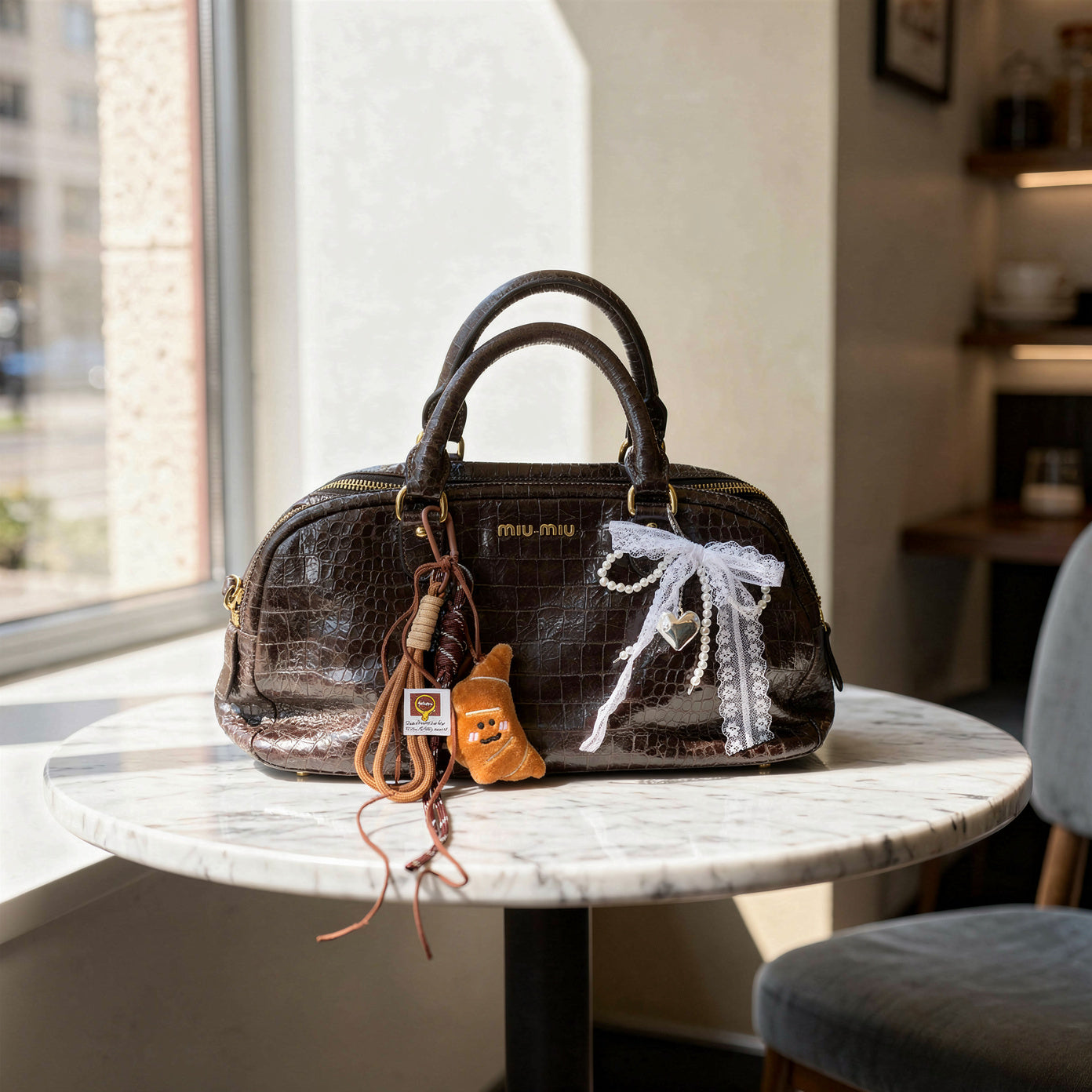 Miu Miu Beige Croc Embossed Patent Leather Bowling Bag