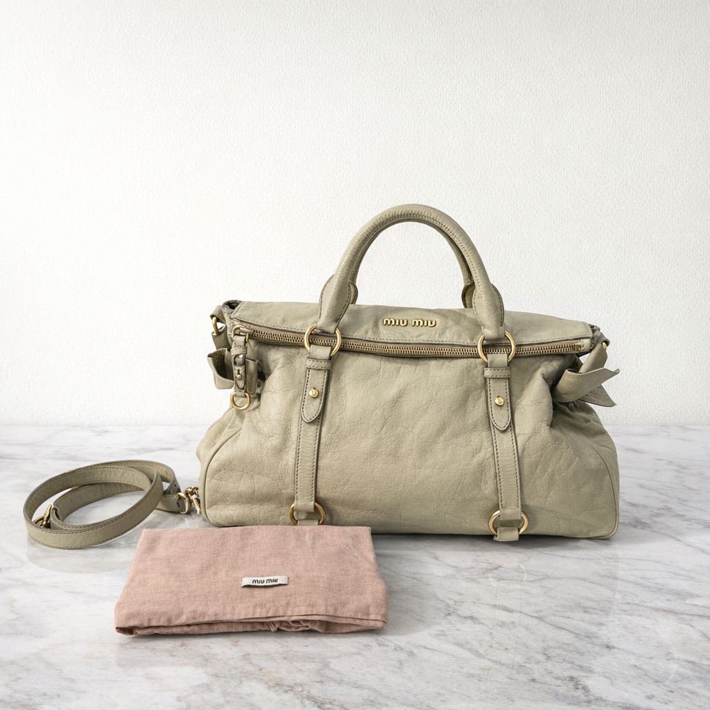 Miu Miu Vitello Lux Leather Bow Satchel Light Brown