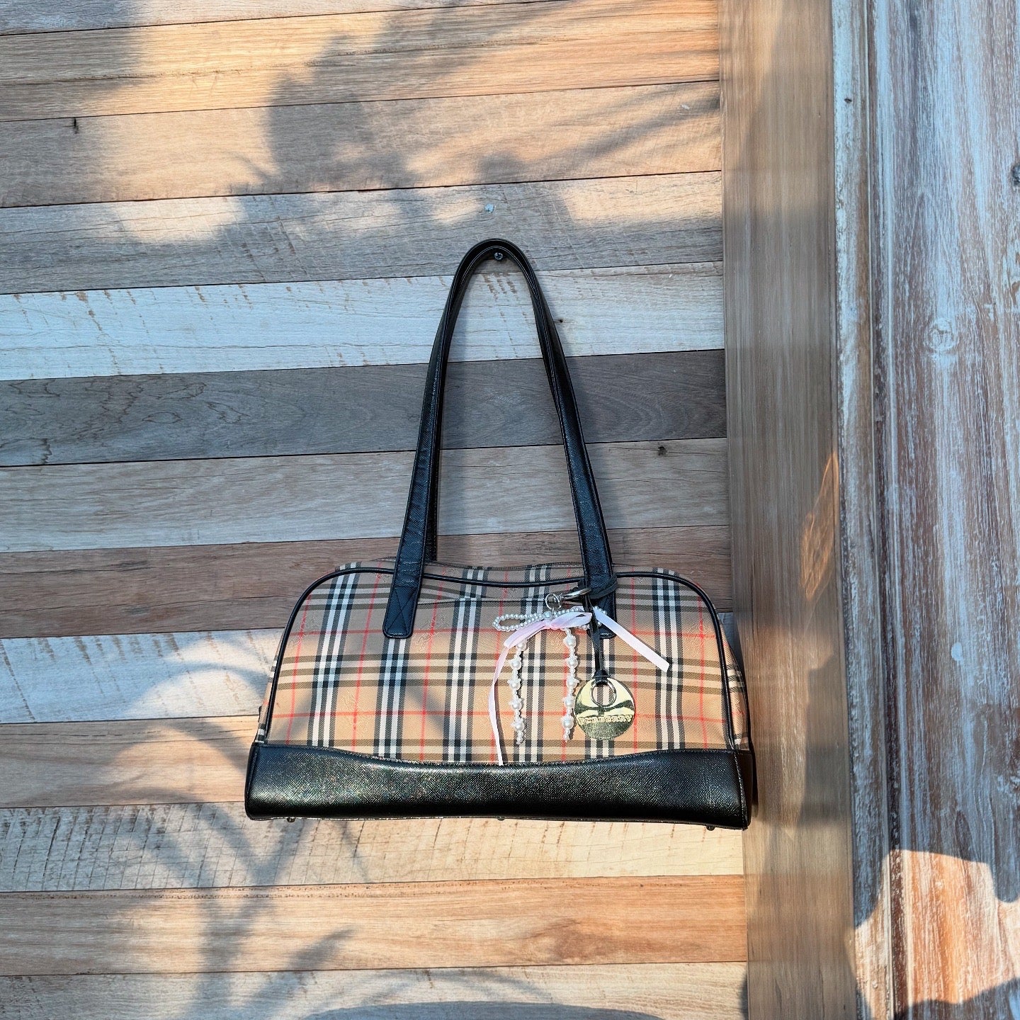 Burberry Check Pattern Leather and Canvas Shoulder Bag