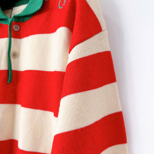 GUCCI Logo Embroidered Striped Cotton Half-Placket Sweater