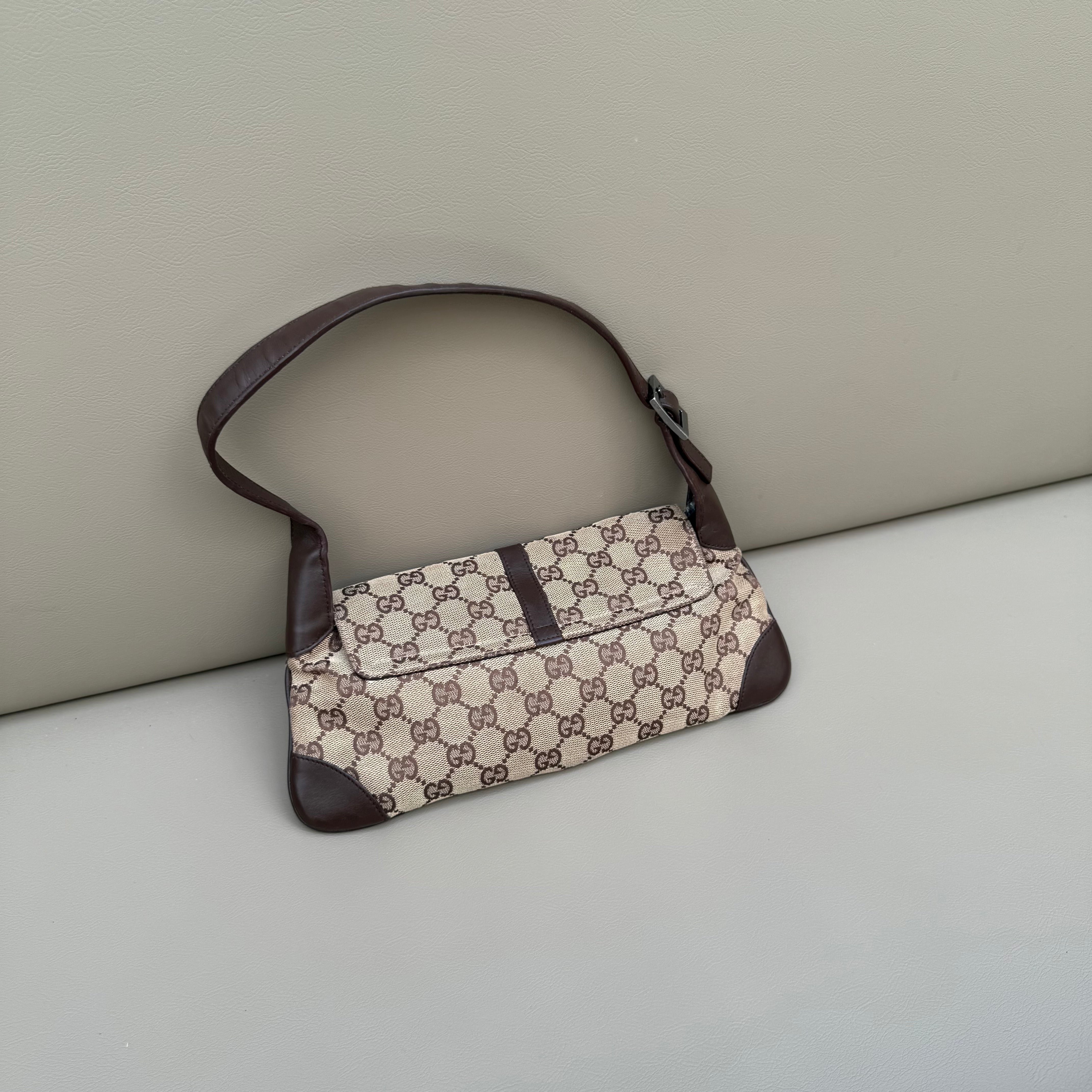 Gucci Monogram Jackie O Flap Bag Brown