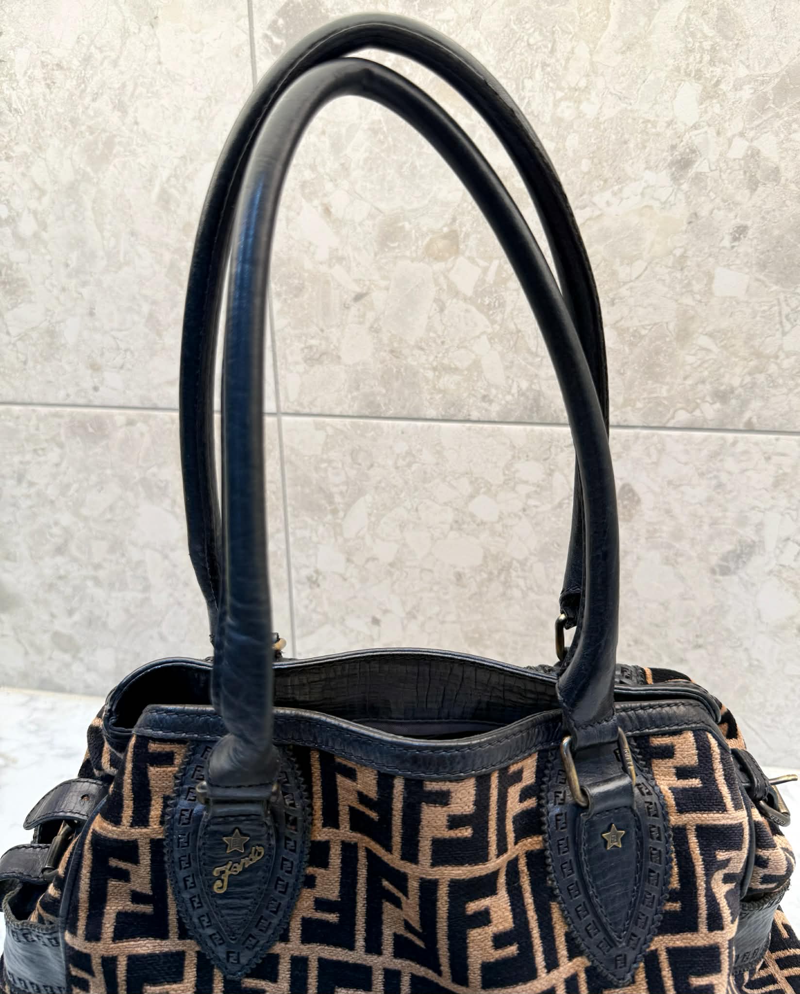 Fendi Black/Tobacco Velvet and Leather Medium Chef De Jour Bag