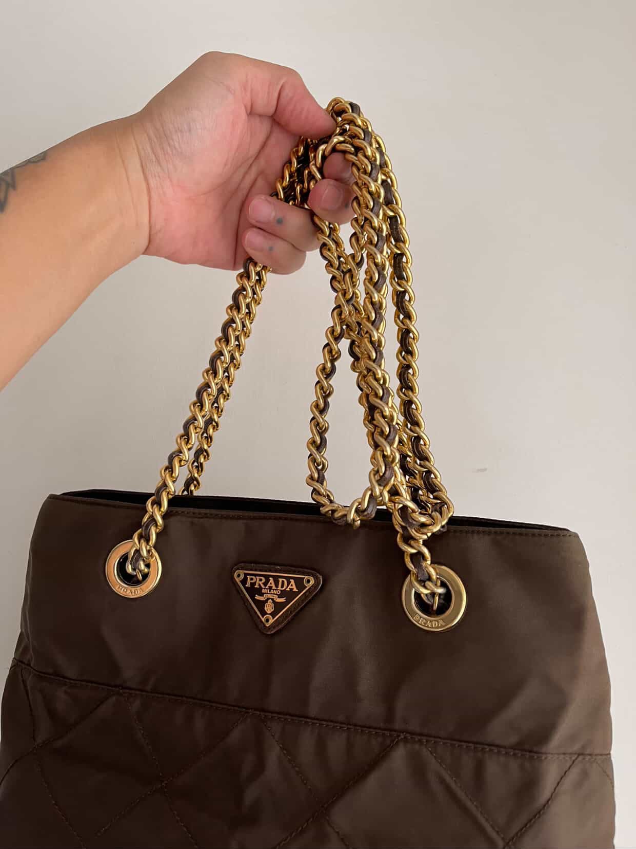 PRADA Chain Shoulder Bag Nylon Brown Gold