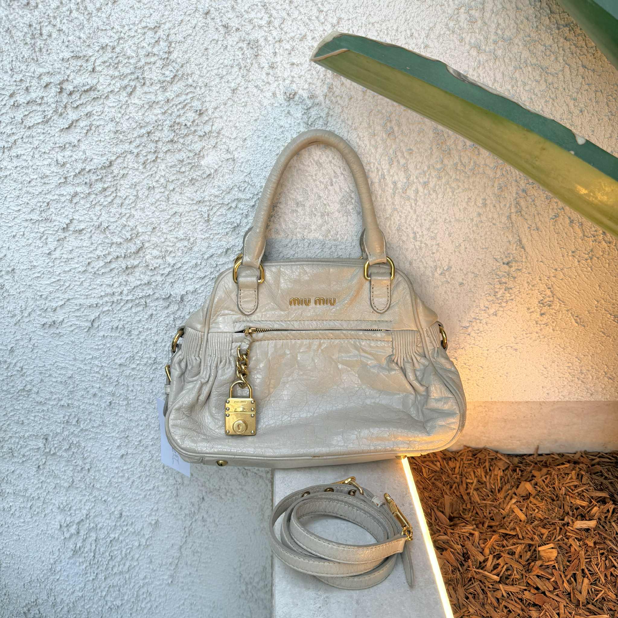 Miu Miu White Vitello Lux Leather Charm Satchel