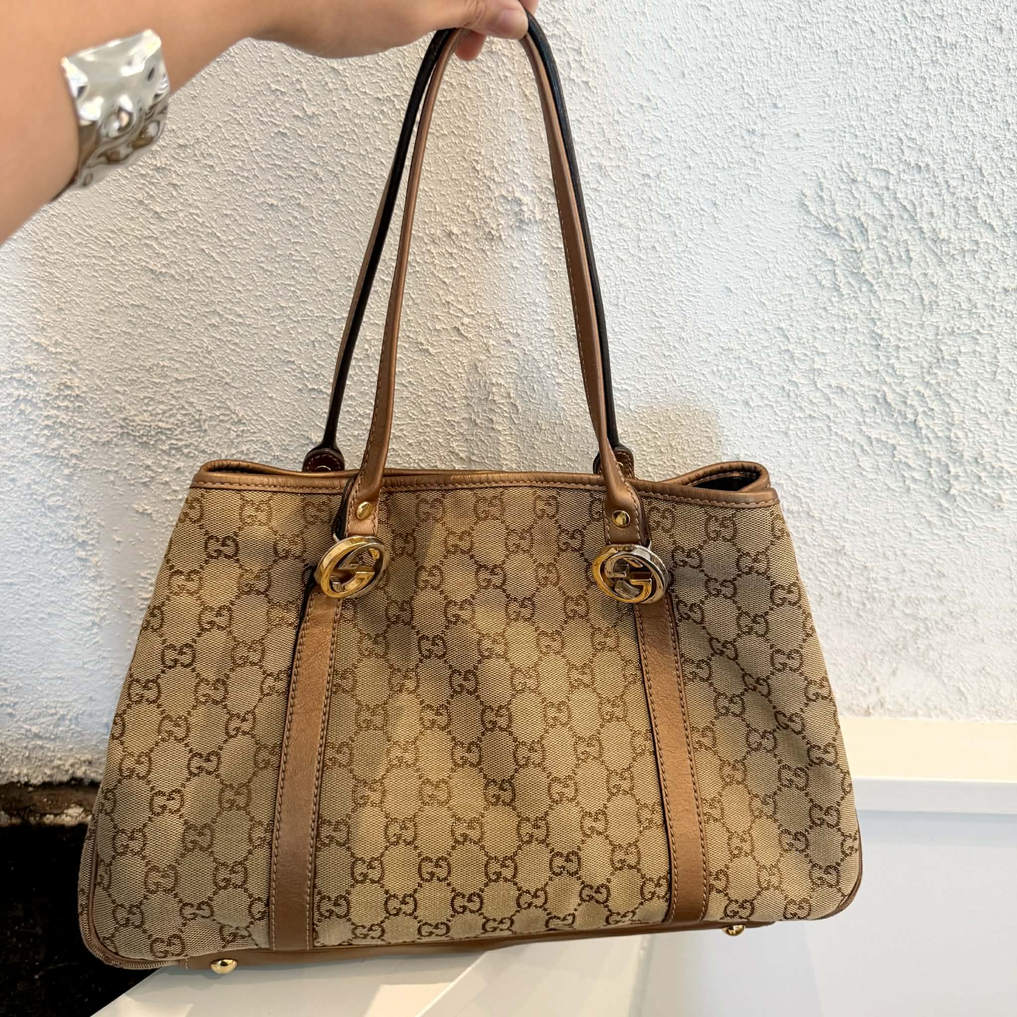 Gucci Beige/Bronze GG Canvas and Leather Large GG Twins Tote