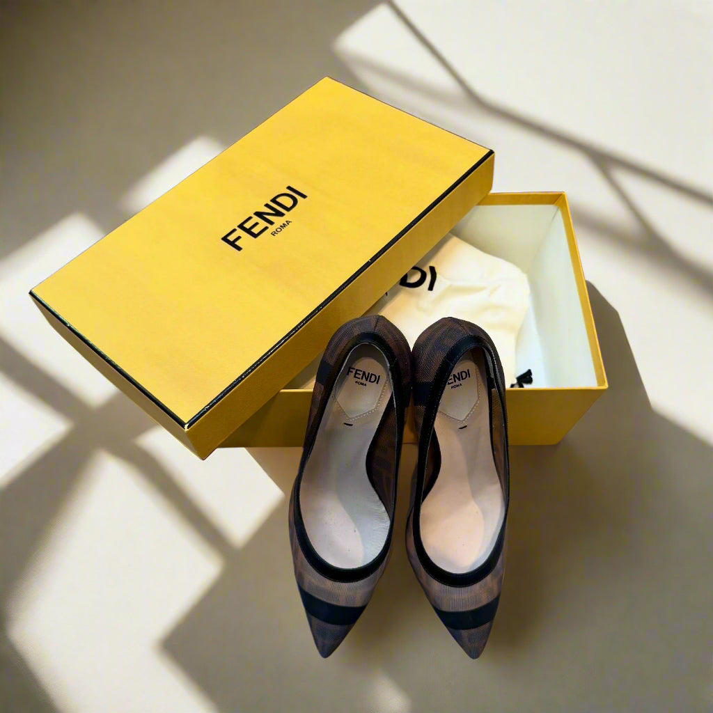 Fendi Black /Brown FF Printed Mesh And Leather Trim Colibri Zucca