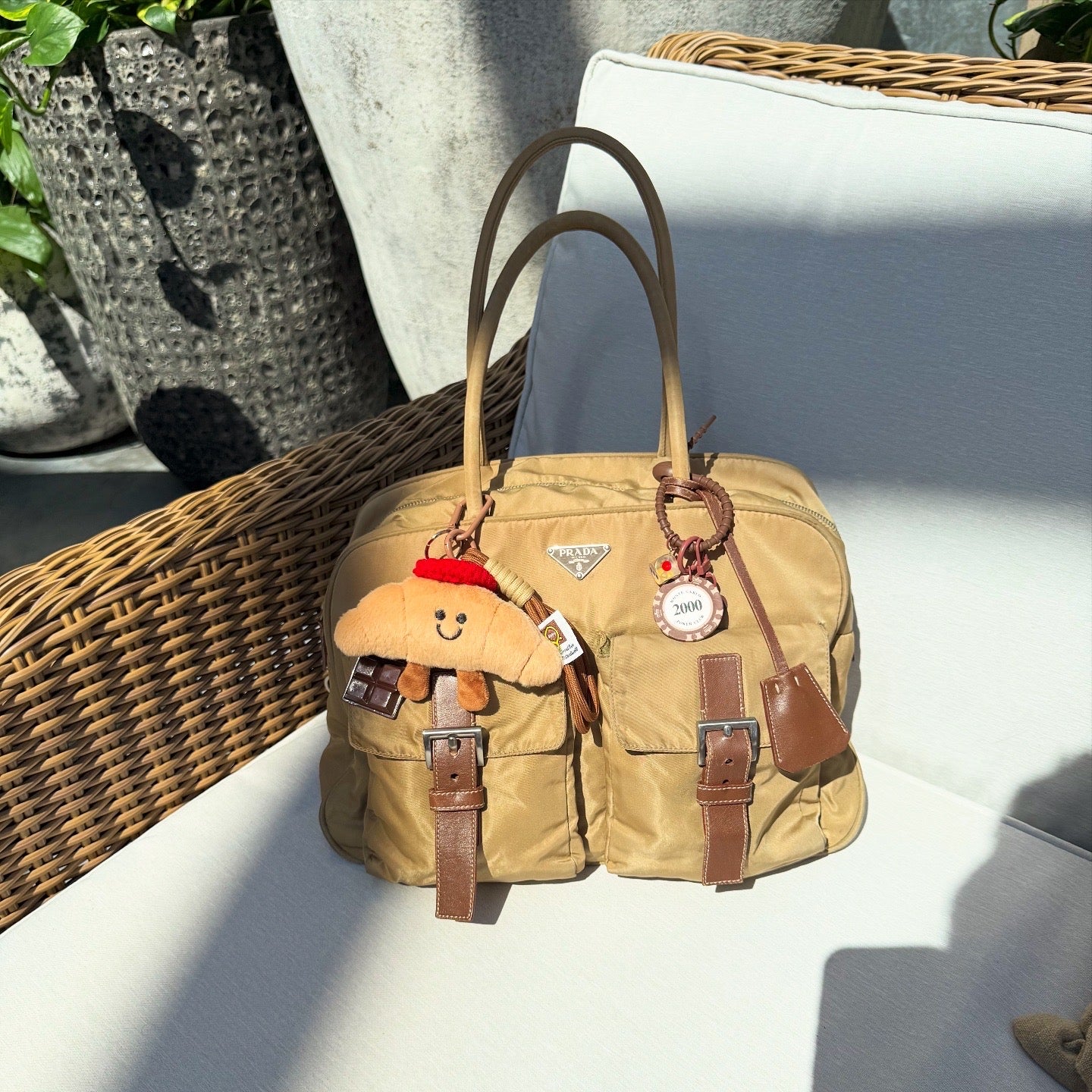 Prada Brown Tote Bag Nylon Pocket Triangular Logo
