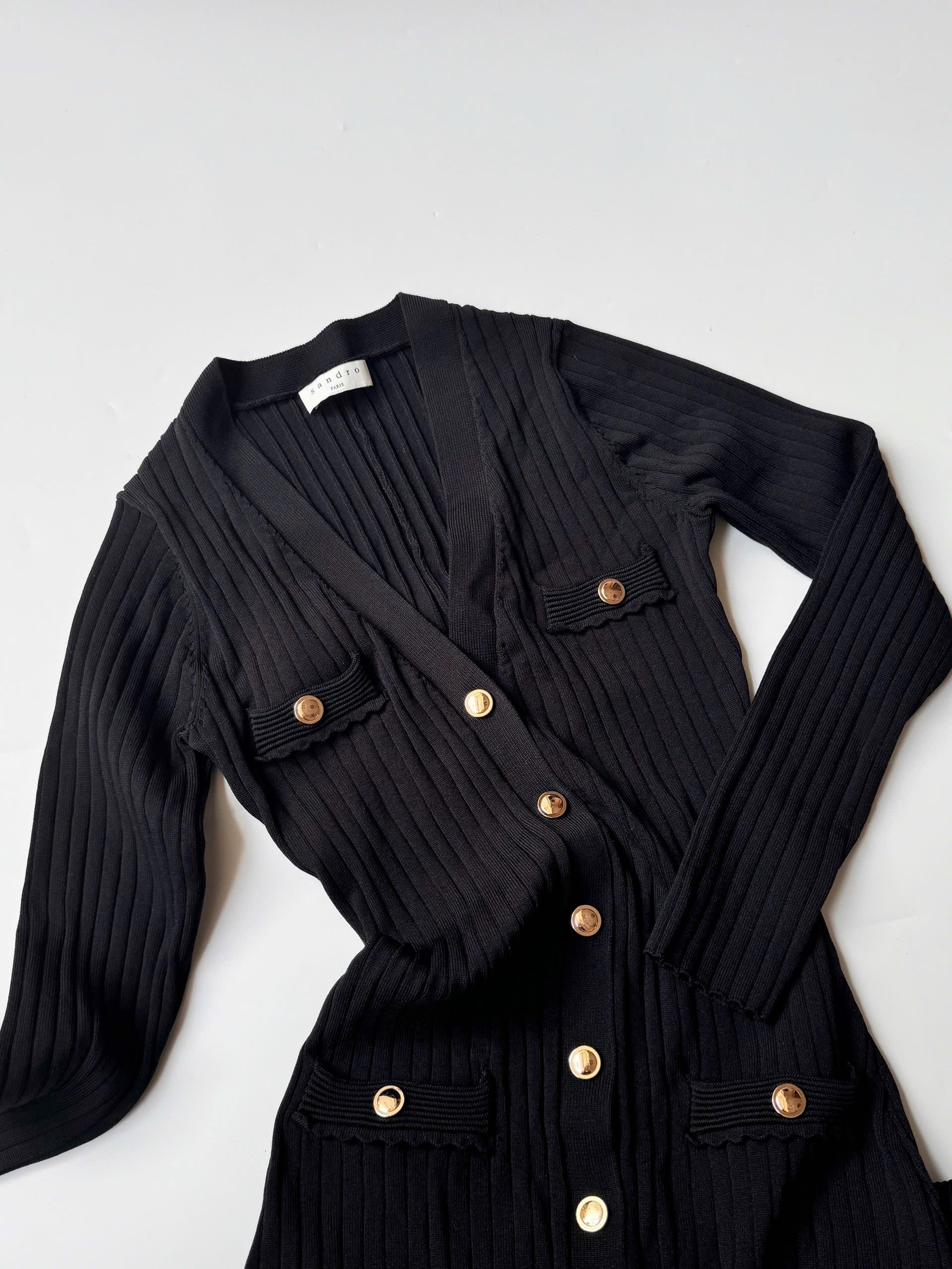 SANDRO Jannel in Black Ribbed Stretch Knit Midi Cardigan Dress