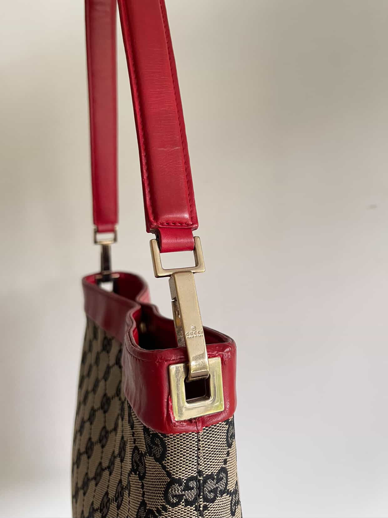 GUCCI GG Canvas One Shoulder Bag Red Leather