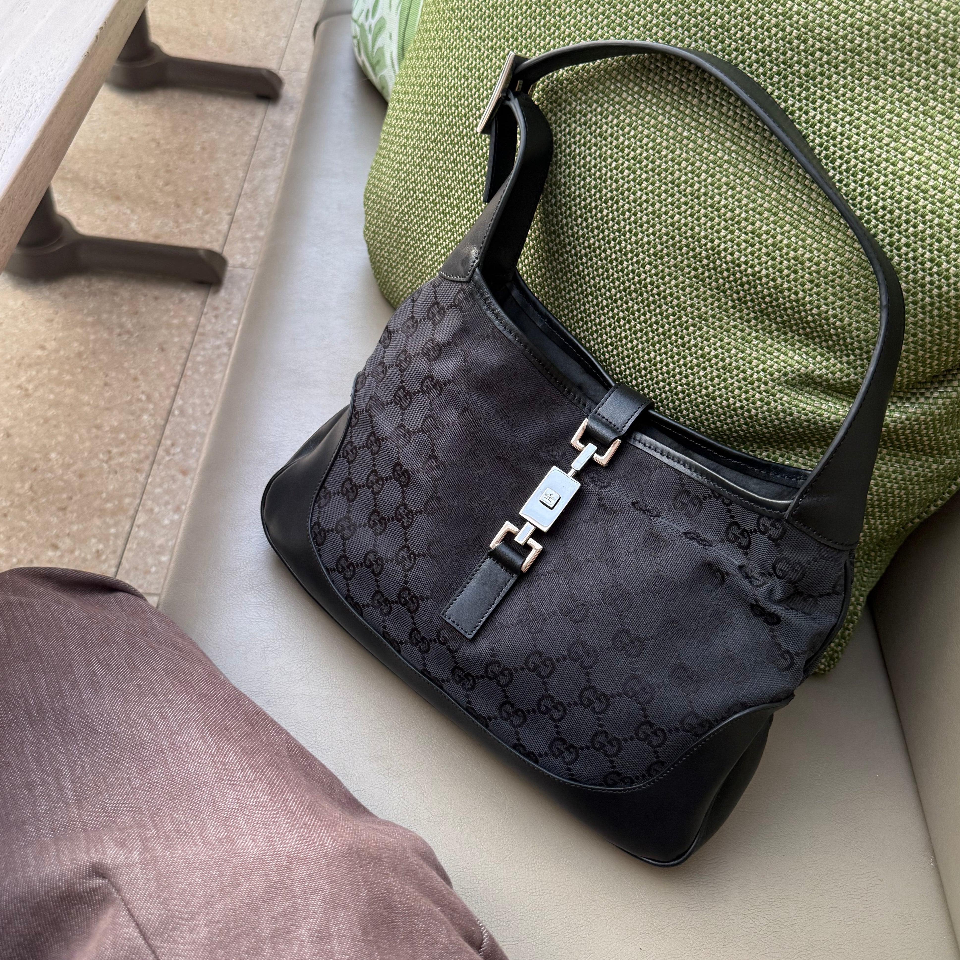Gucci Black GG Canvas and Leather Jackie Hobo Bag
