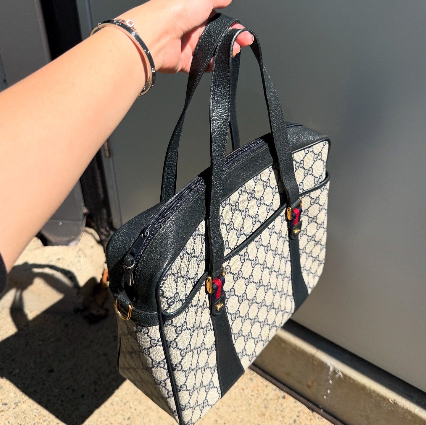 GUCCI GG Canvas Leather Sherry Line Satchel Bag