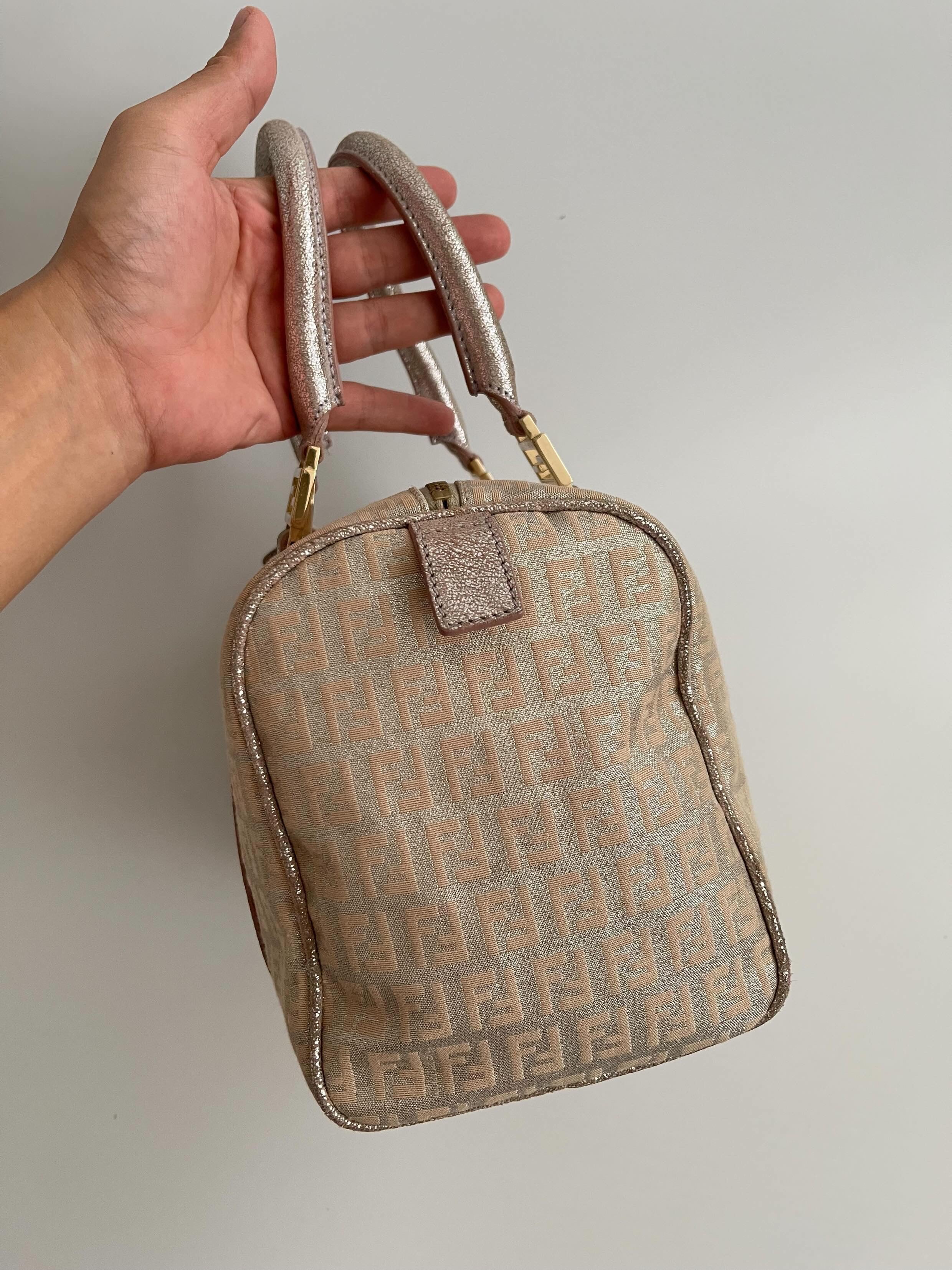 FENDI Zucchino Boston Handbag Pink Silver