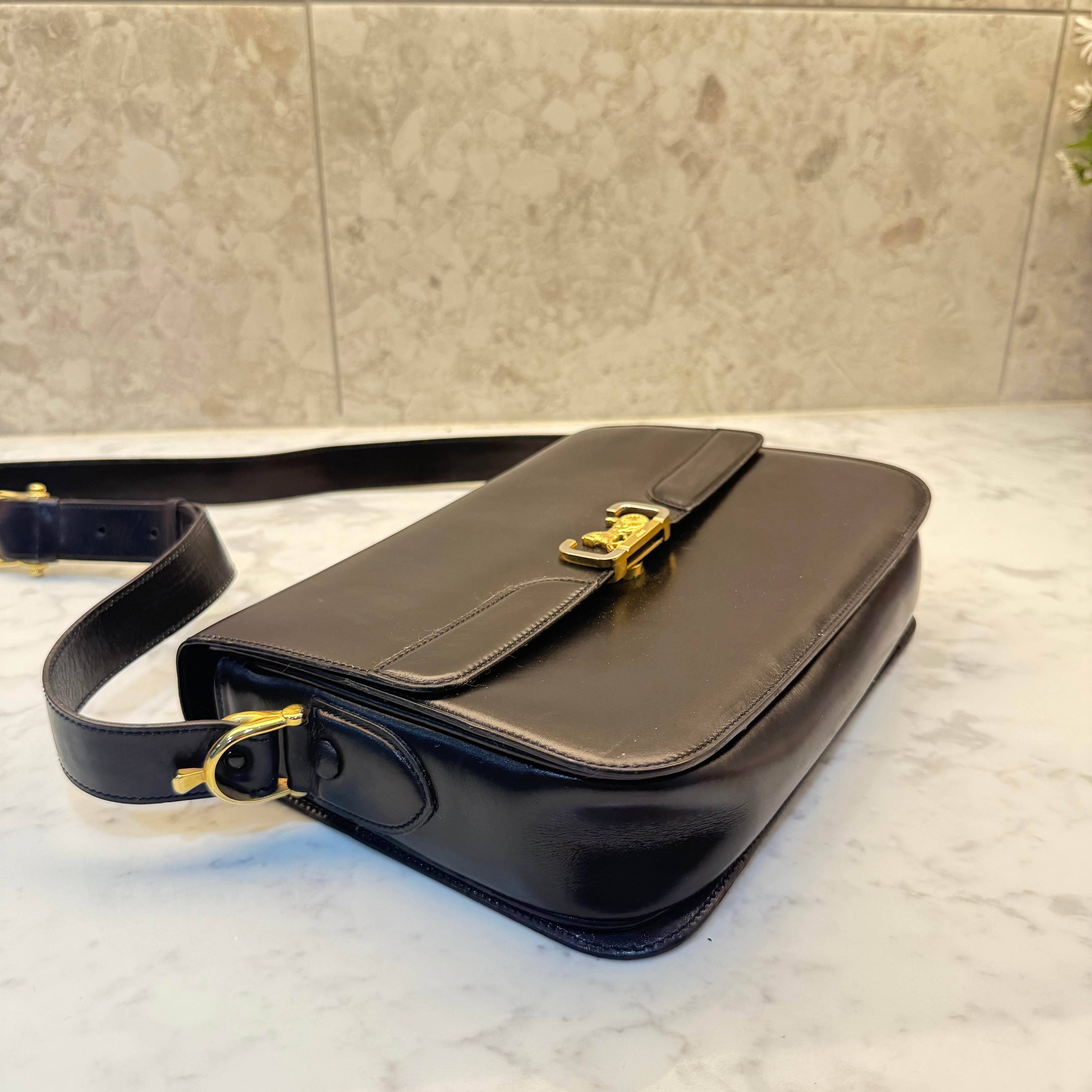 Celine Vintage Black Leather Horse Carriage Shoulder Bag