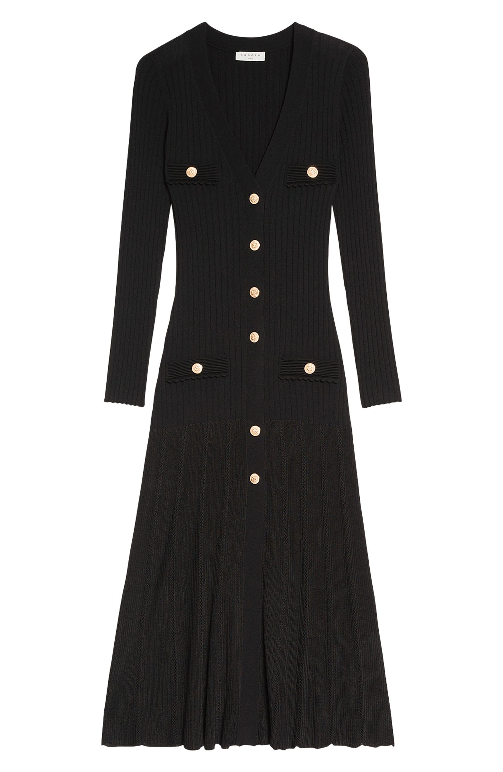 SANDRO Jannel in Black Ribbed Stretch Knit Midi Cardigan Dress