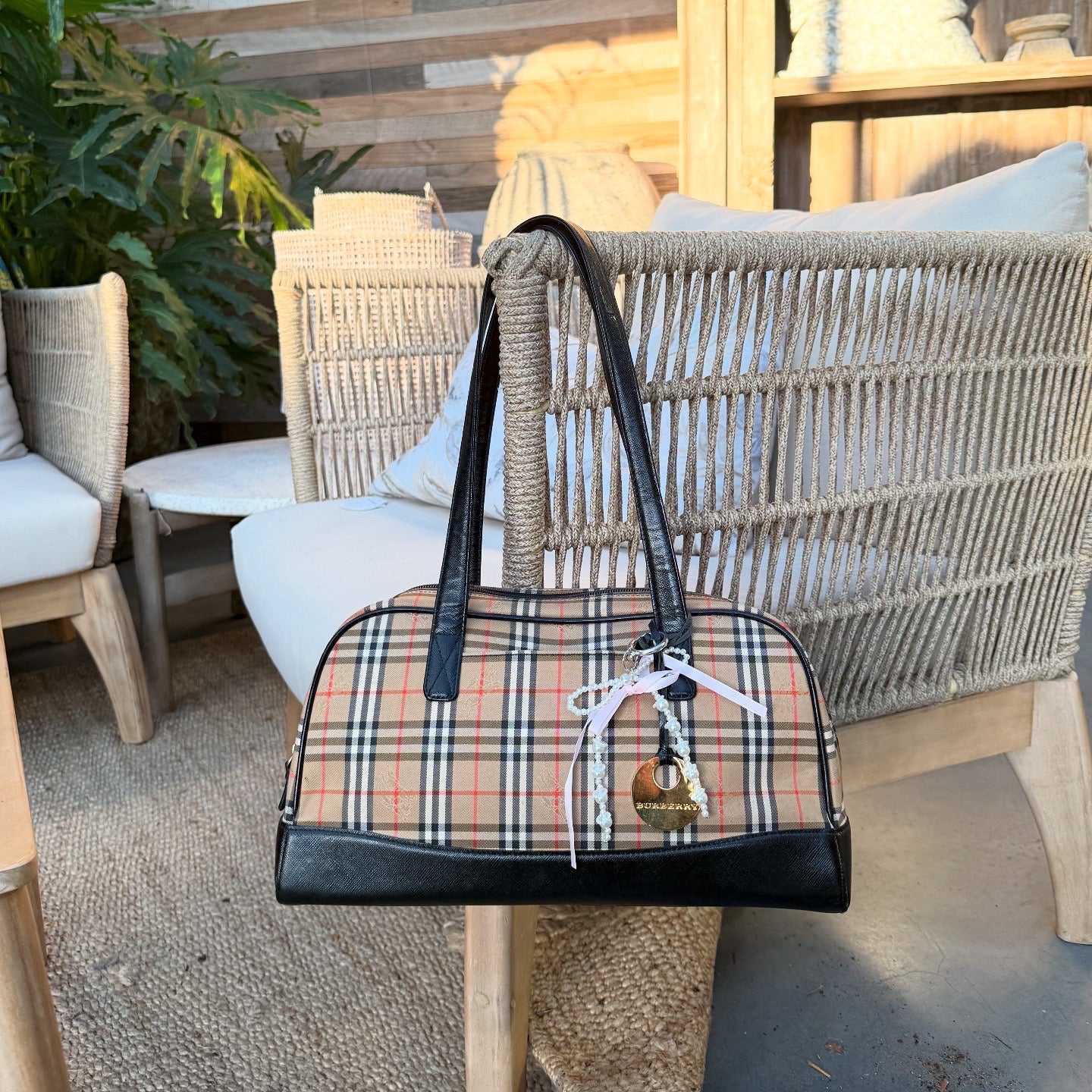 Burberry Check Pattern Leather and Canvas Shoulder Bag