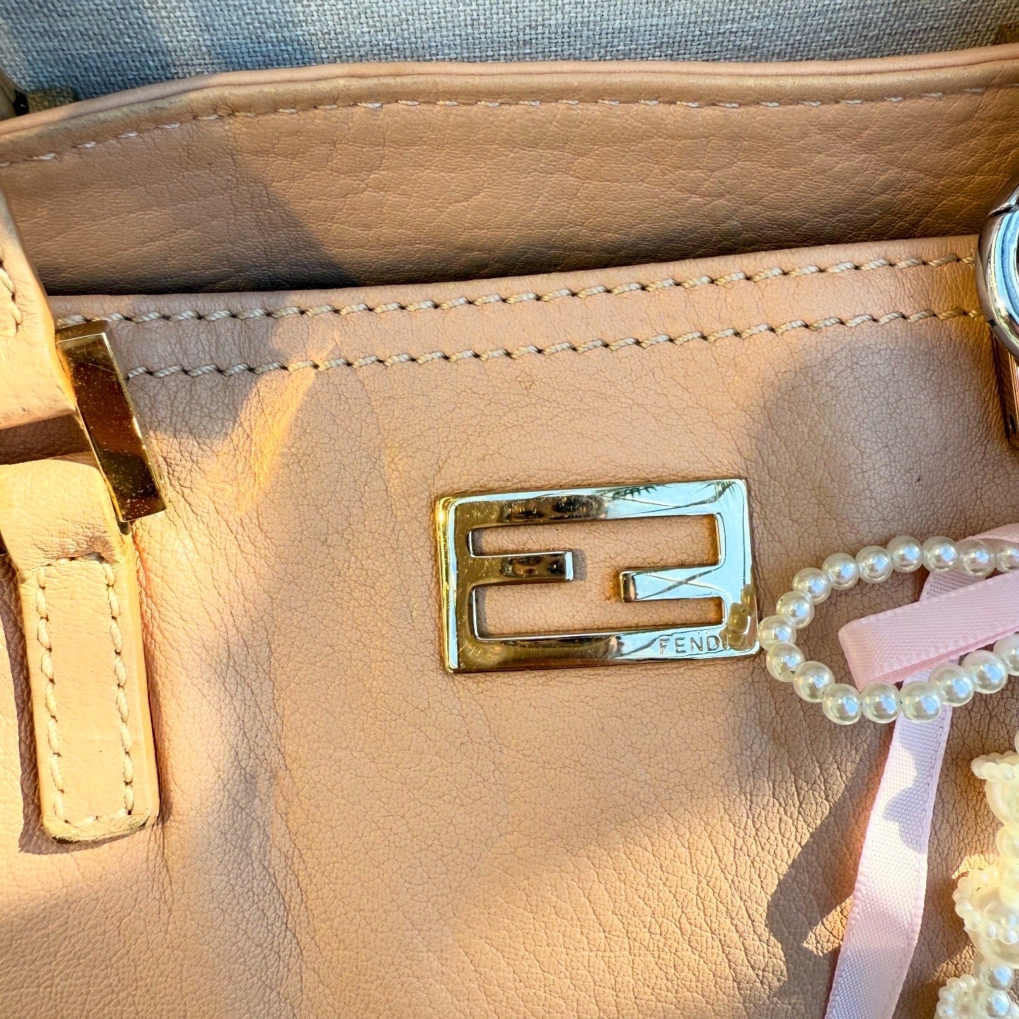 Fendi Beige Leather Logo Tote