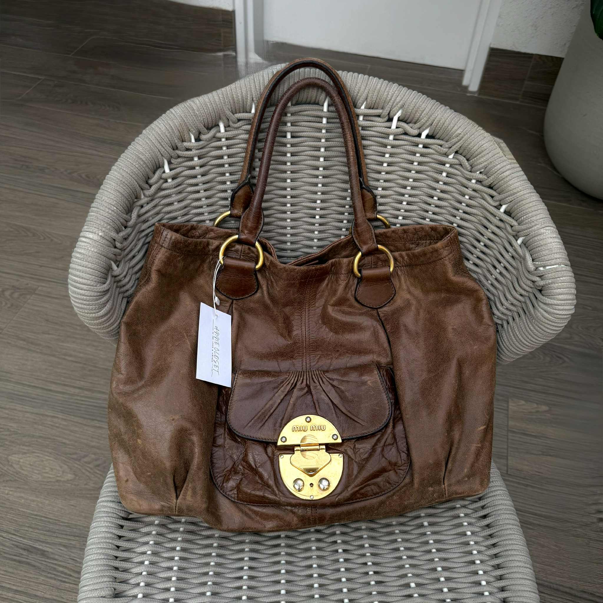 Miu Miu Tan Brown Gold Large Tote Bag