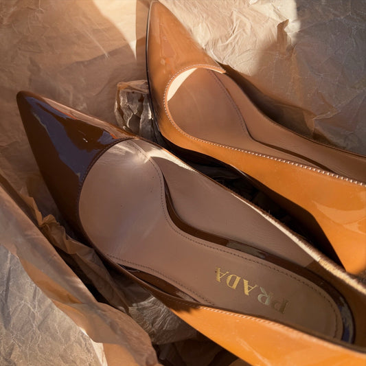 Prada Enamel Pointed Toe Pumps Spin Heels 9cm