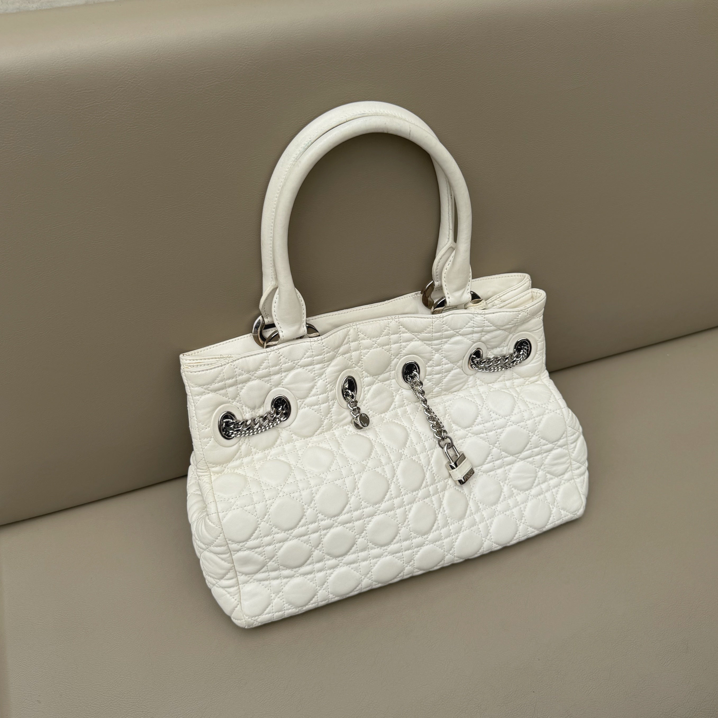 Christian Dior White Cannage Leather Chri Chri Tote Bag