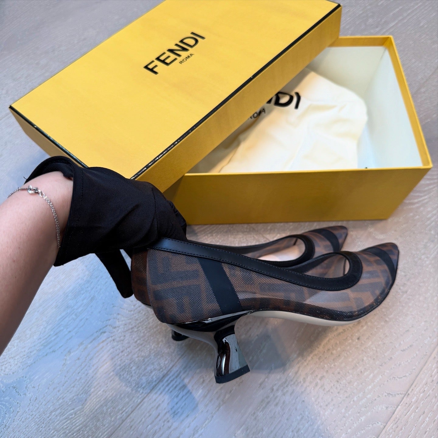 Fendi Black /Brown FF Printed Mesh And Leather Trim Colibri Zucca