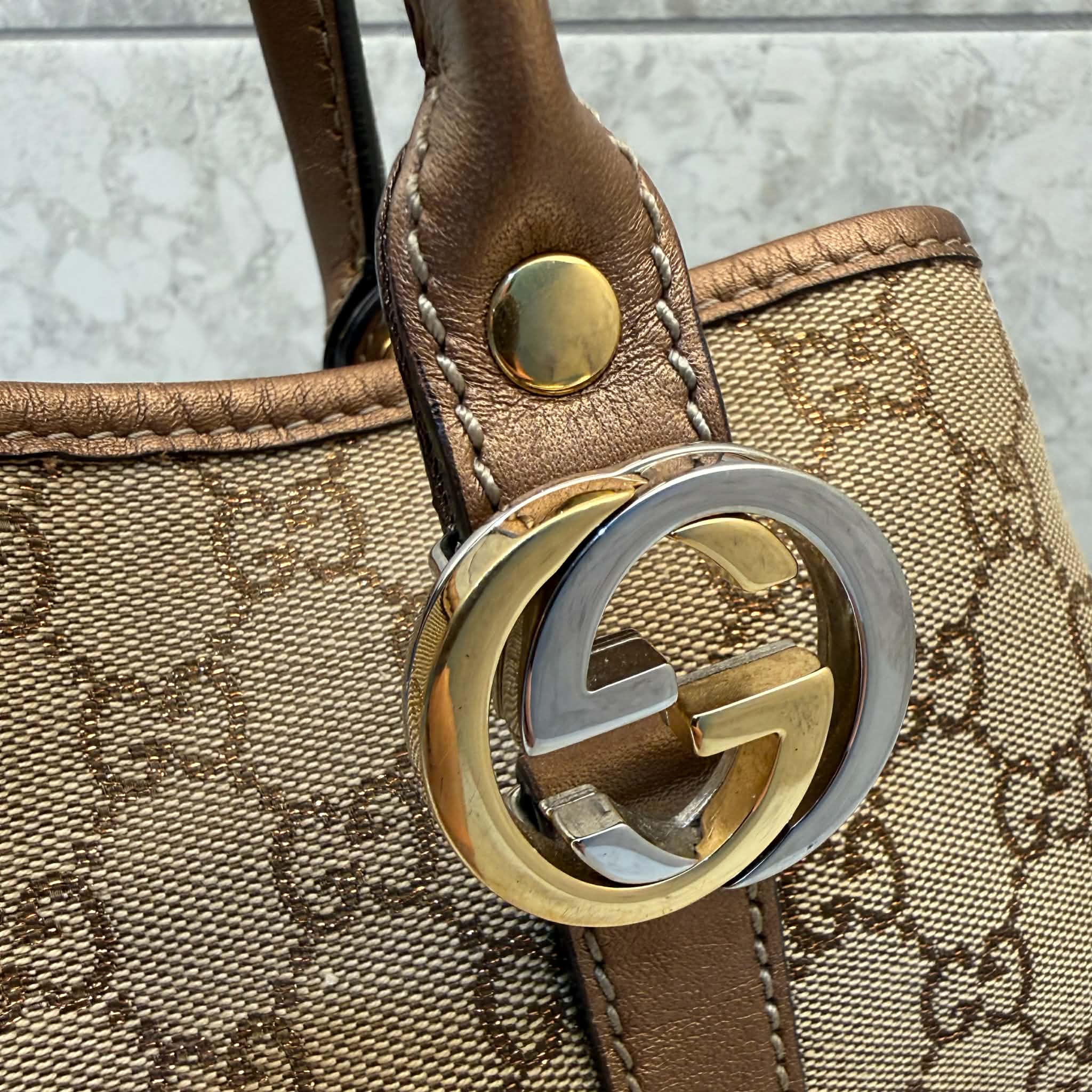 Gucci Beige/Bronze GG Canvas and Leather Large GG Twins Tote
