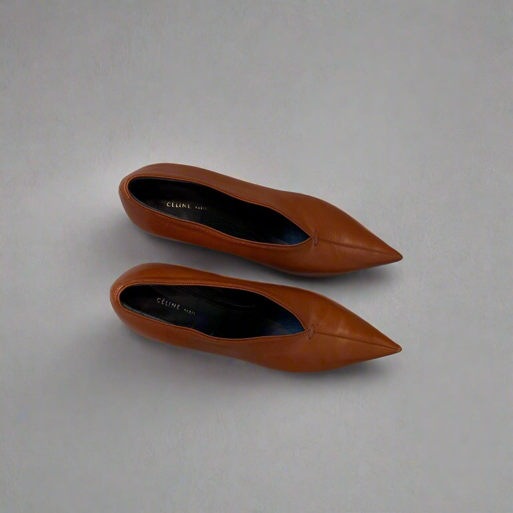 Celine Brown Leather V Neck Pointed Toe Pumps