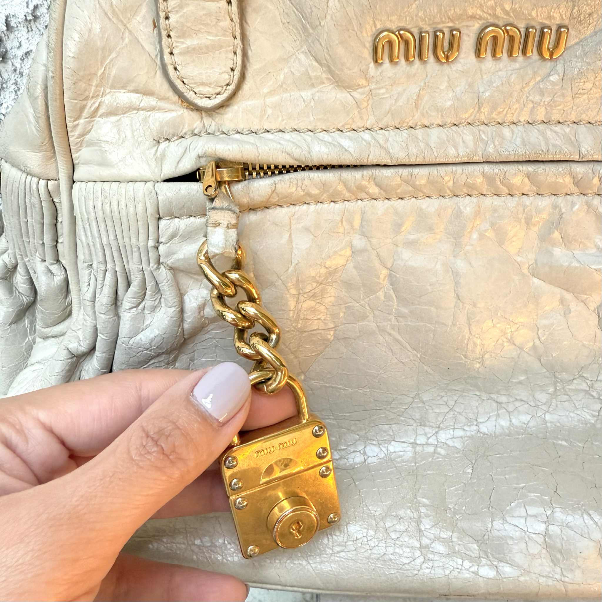 Miu Miu White Vitello Lux Leather Charm Satchel