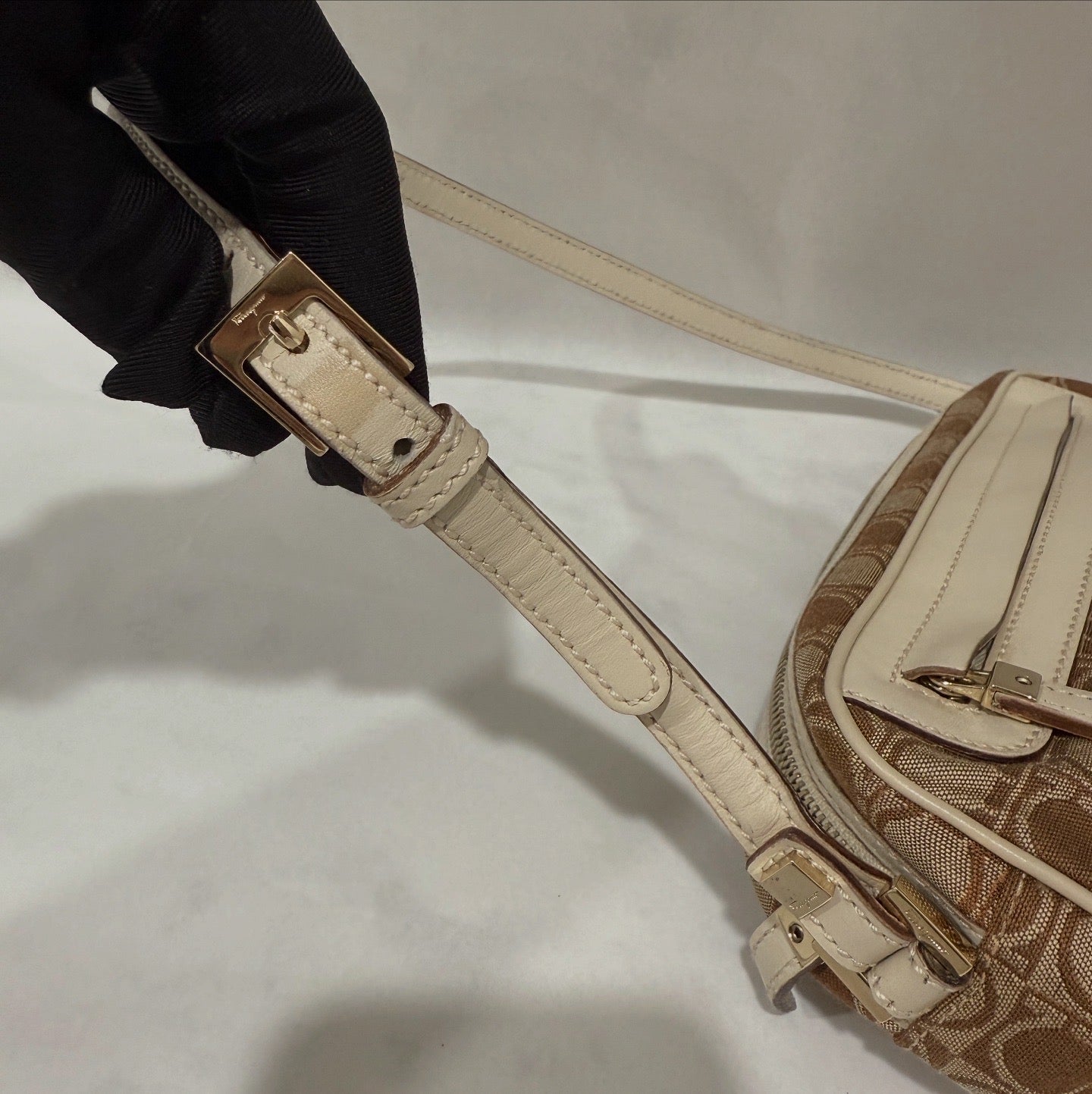 Salvatore Ferragamo Gancini Monogram Canvas Shoulder Bag Beige