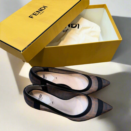 Fendi Black /Brown FF Printed Mesh And Leather Trim Colibri Zucca