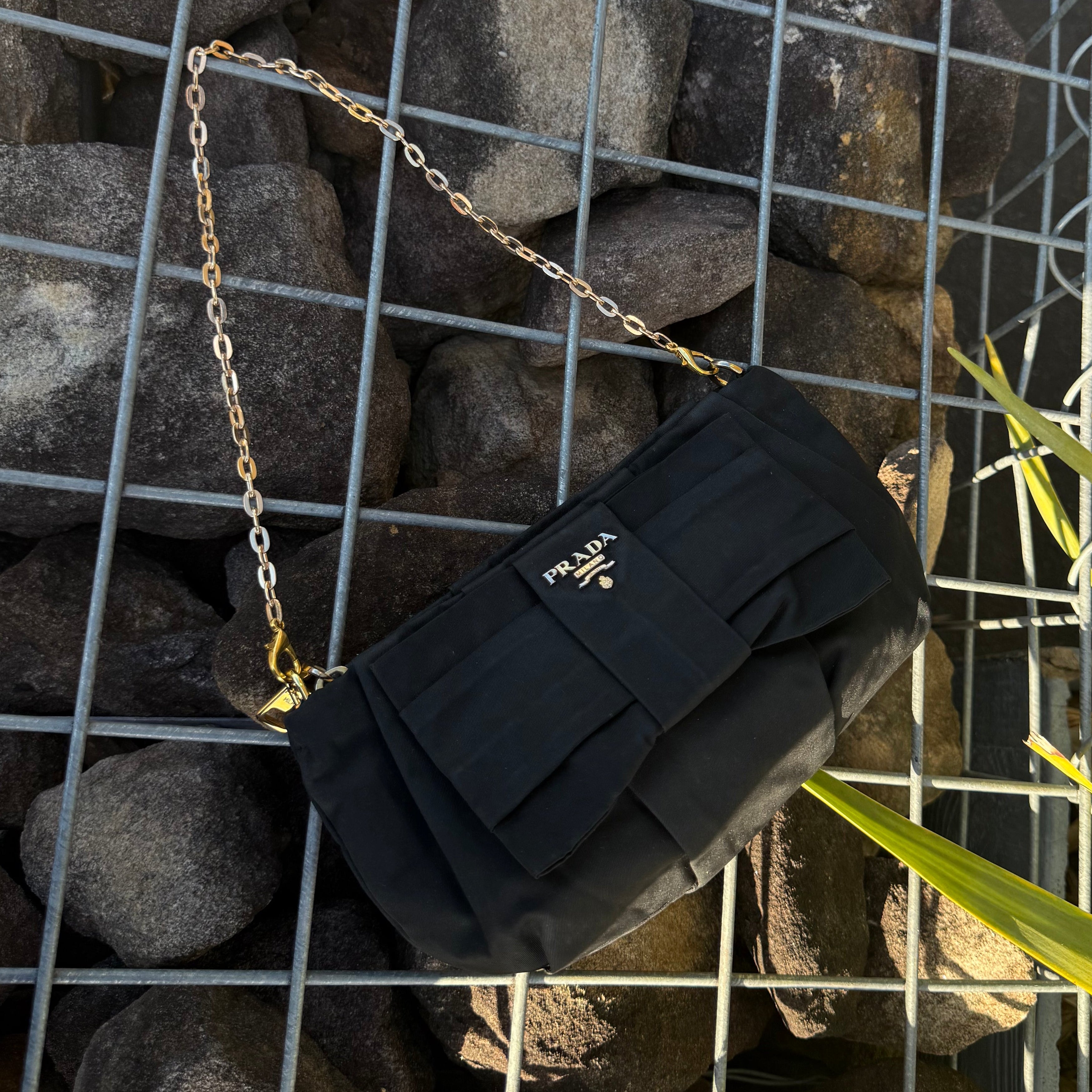 Prada Black Tessuto Nylon Bow Clutch Bag