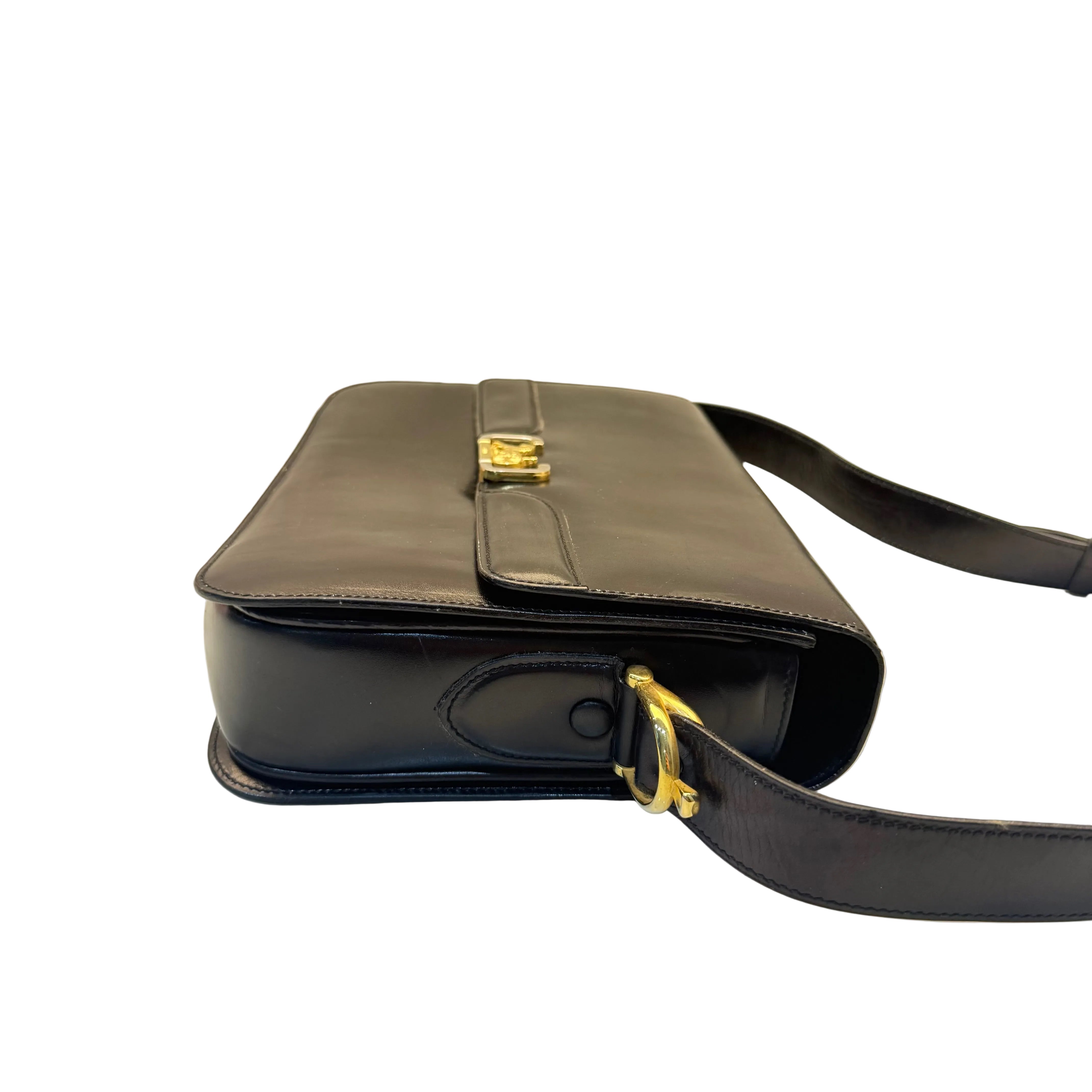 Celine Vintage Black Leather Horse Carriage Shoulder Bag