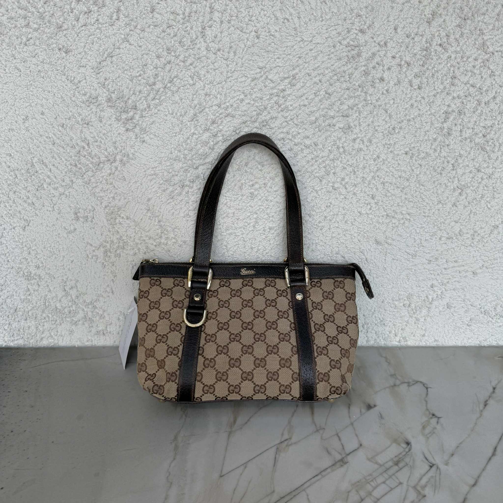 GUCCI Brown GG Canvas and Leather Abbey Tote