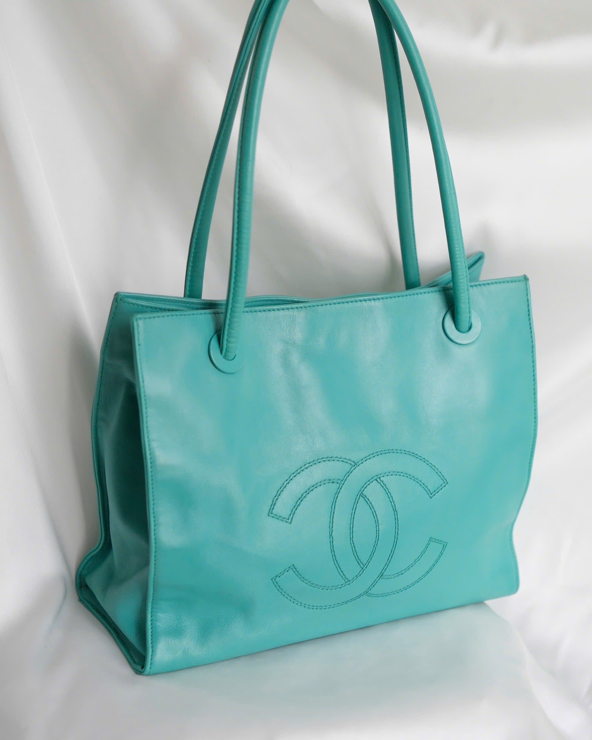 CHANEL COCO Logo Lamb Skin Turquoise Shoulder Bag