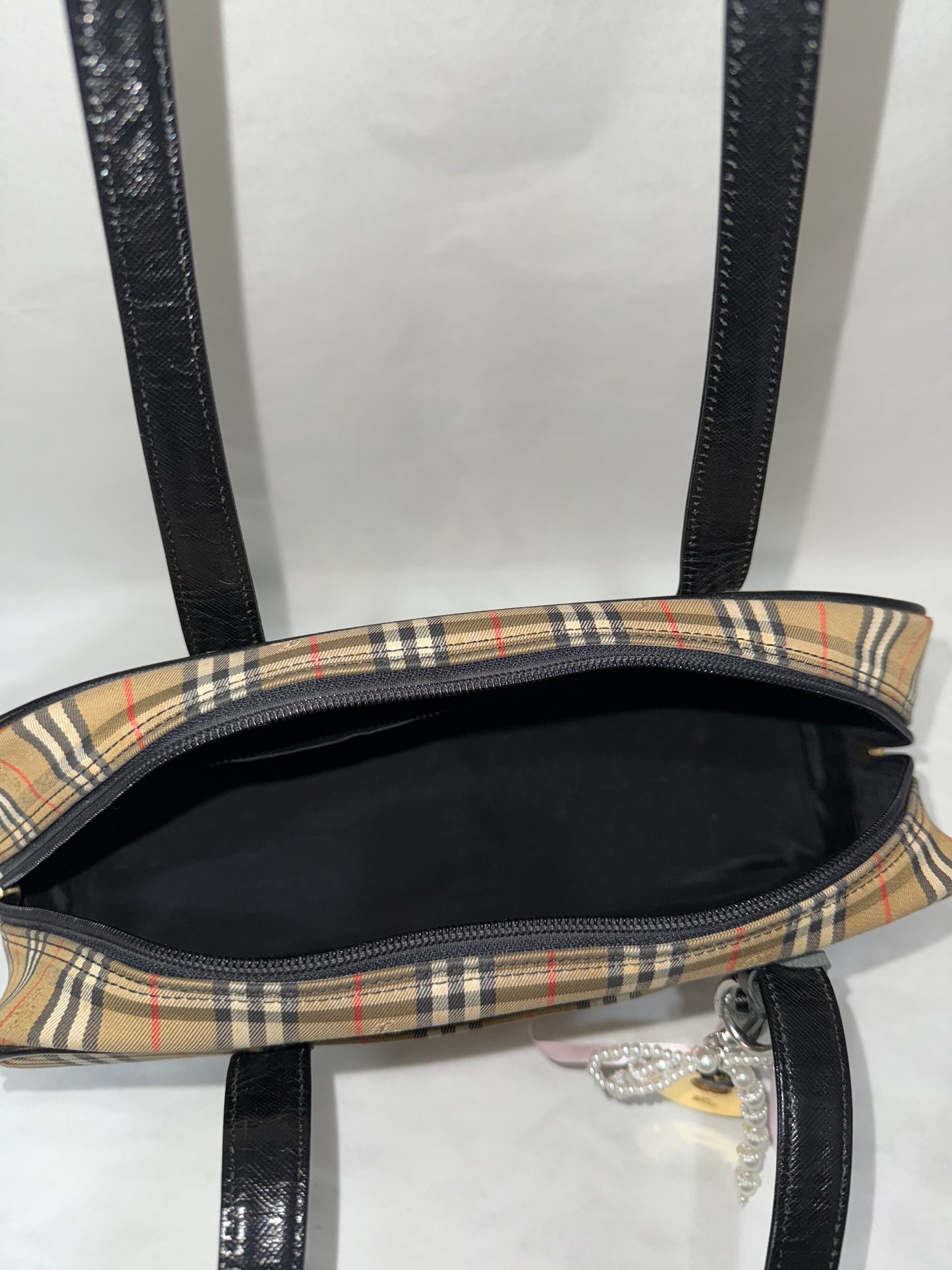 Burberry Check Pattern Leather and Canvas Shoulder Bag