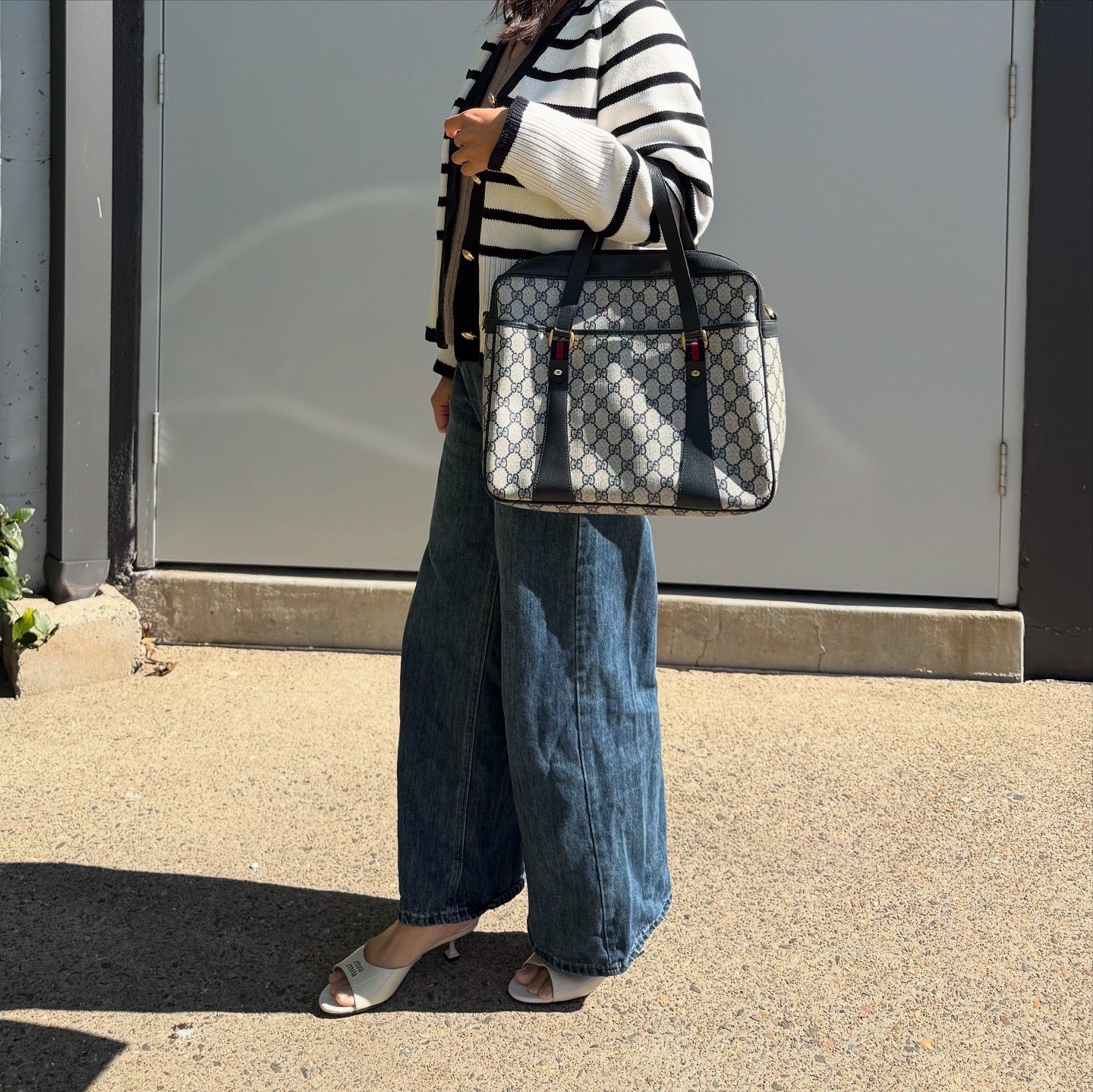 GUCCI GG Canvas Leather Sherry Line Satchel Bag