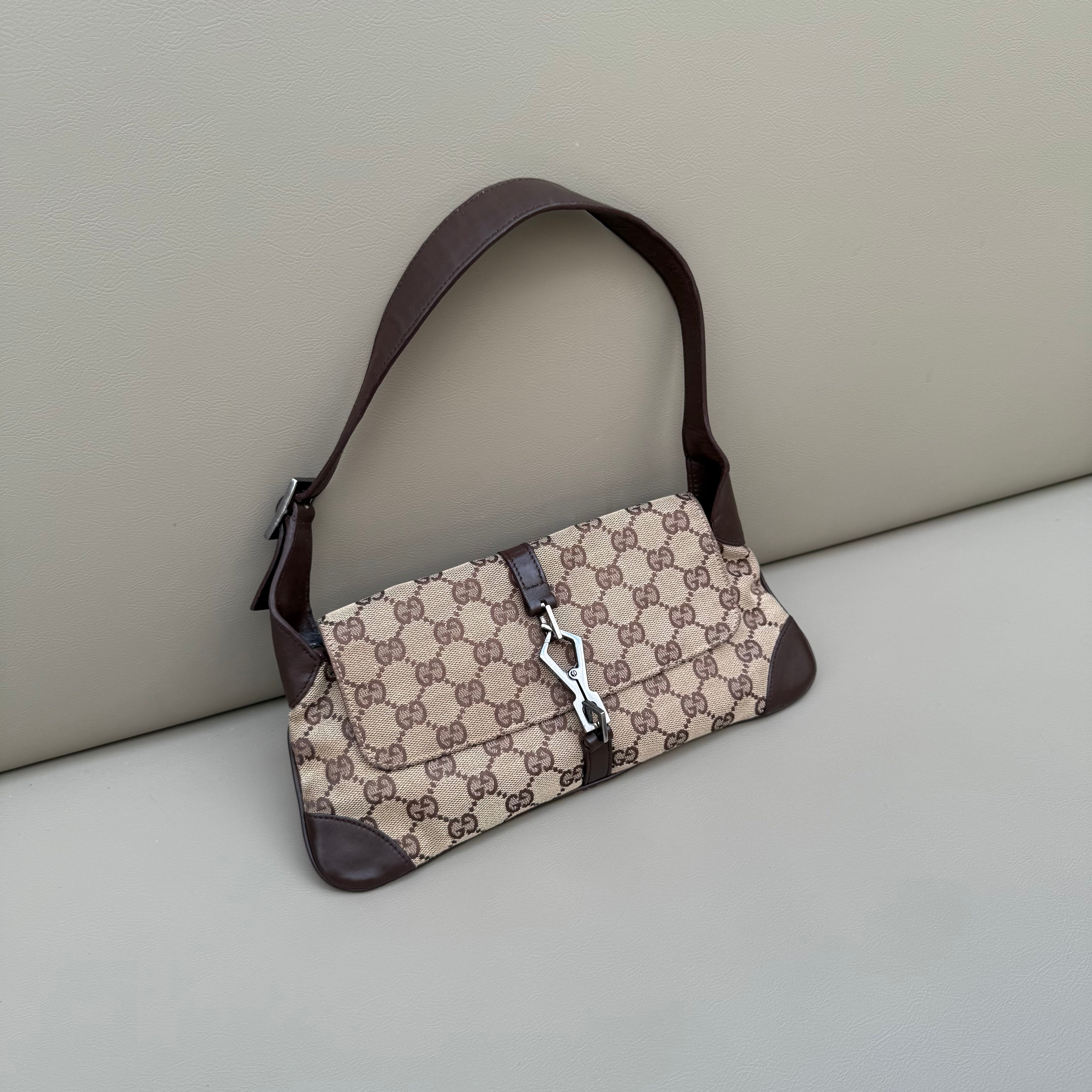 Gucci Monogram Jackie O Flap Bag Brown