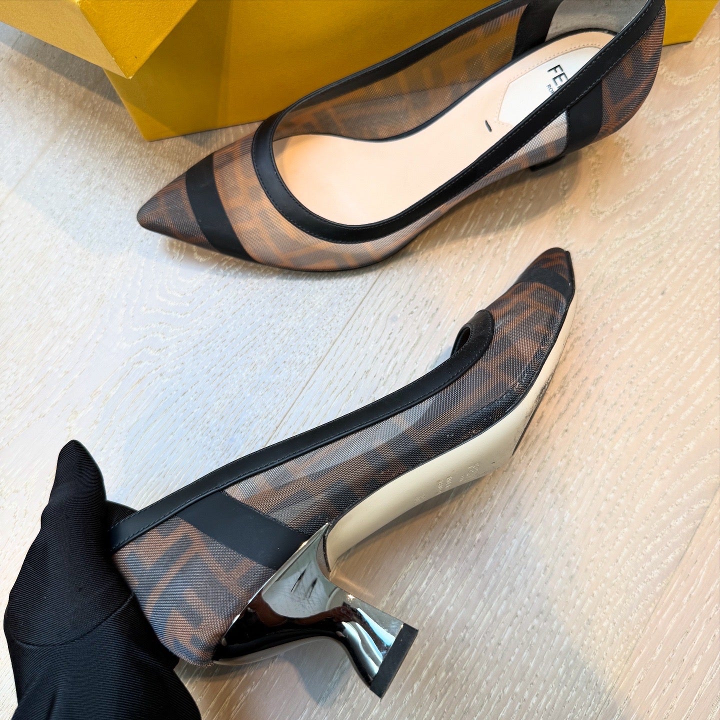 Fendi Black /Brown FF Printed Mesh And Leather Trim Colibri Zucca